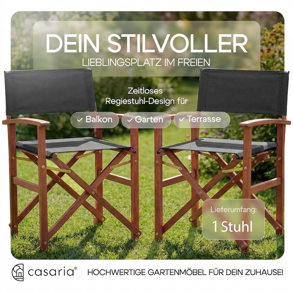 Casaria Regiestuhl, Klappbarer FSC®-zertifizierter Holz Gartenstuhl bis 160 kg Wetterfest