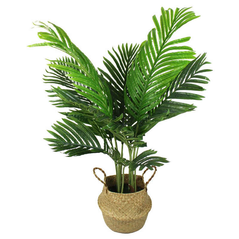 Kunstpalme künstliche Palme 90 cm mit Seegraskorb künstliche Pflanze Palme, Arnusa, Höhe 90 cm, wie echt mit stilvollen Übertopf