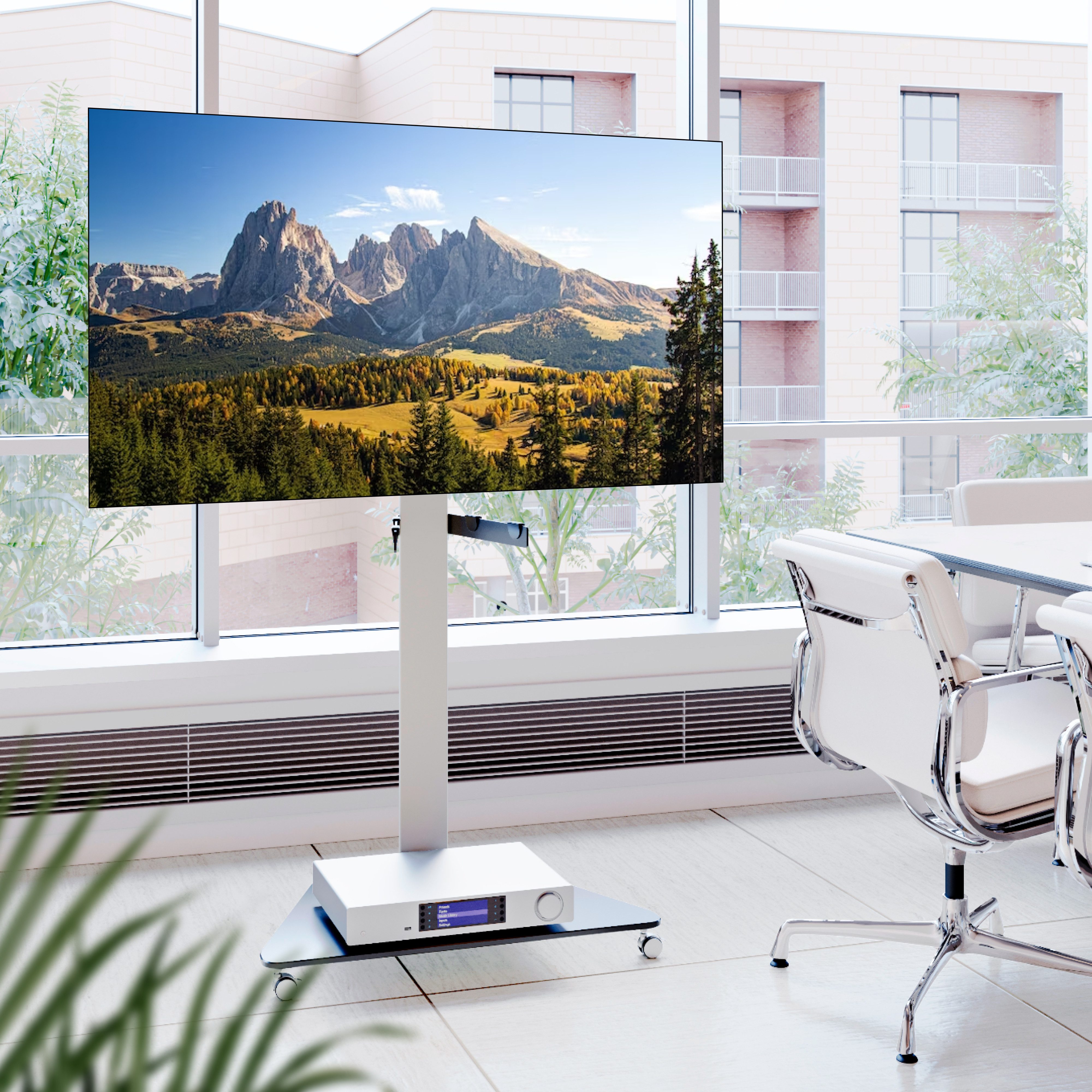 RICOO TV-Ständer Mobiler TV-Ständer modern und höhenverstellbar mit Glas-Ablagen FS0300, (bis 57 Zoll, bis VESA 600x400, 1-tlg., 30 kg Belastbarkeit, für 30 Zoll bis 57 Zoll Bildschirm-Diagonale, TV Standfuß mit Rollen Fernseher Stativ rollbar höhenverstellbar)