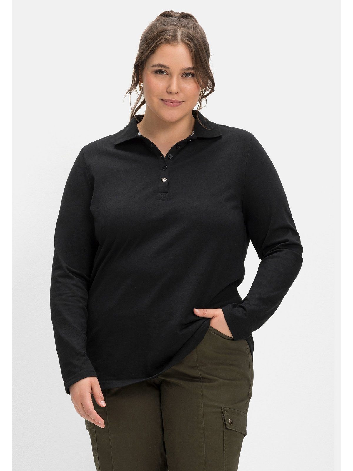 Sheego Langarmshirt Große Größen mit kurzer Knopfleiste, in feiner Melange schwarz meliert | V-Shirts