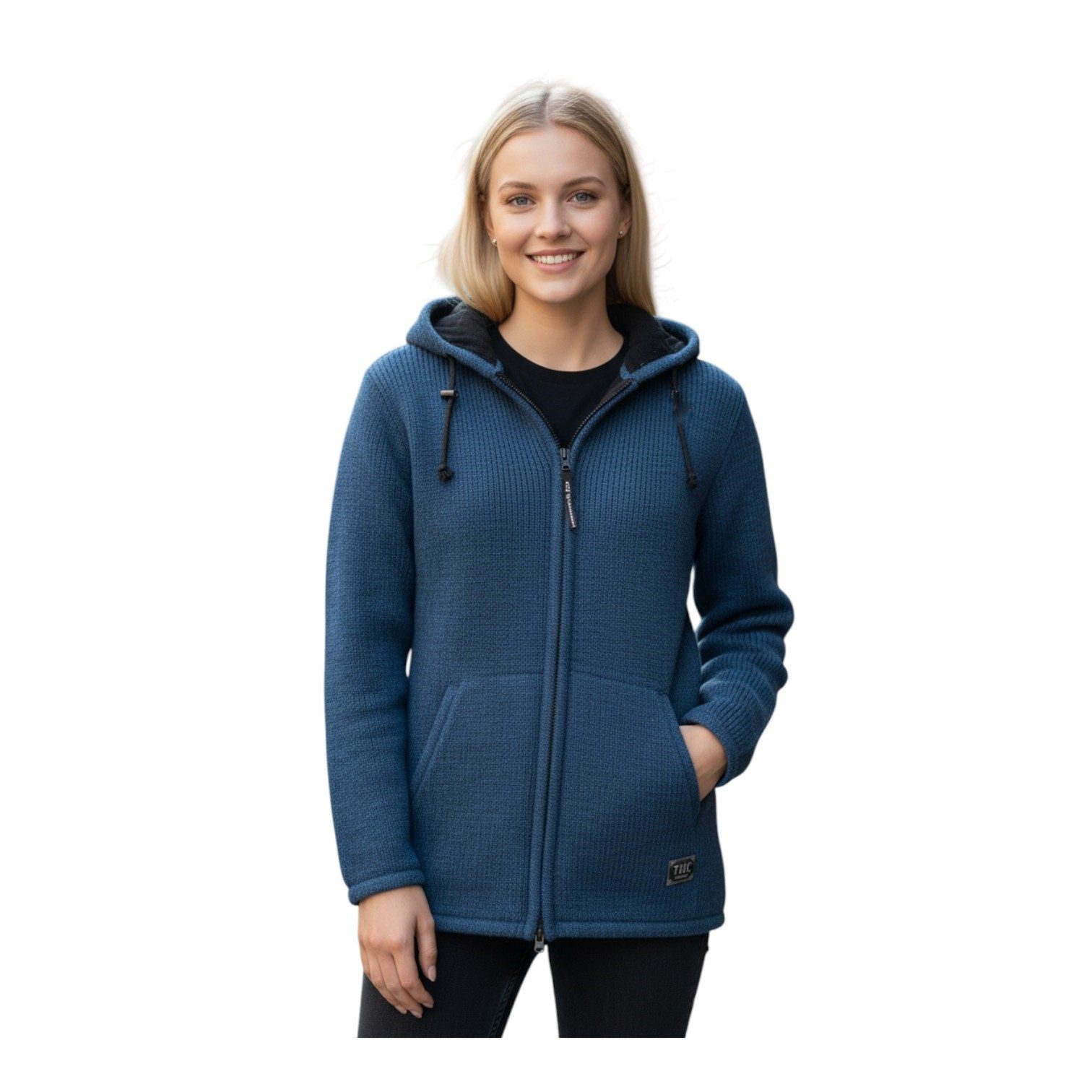 THC Natural Line Strickjacke THC Schafwollstrickjacke blau 625 (1 Stück, 1-tlg., 1 Stüpck) Strickjacke mit abnehmbarer Kapuze
