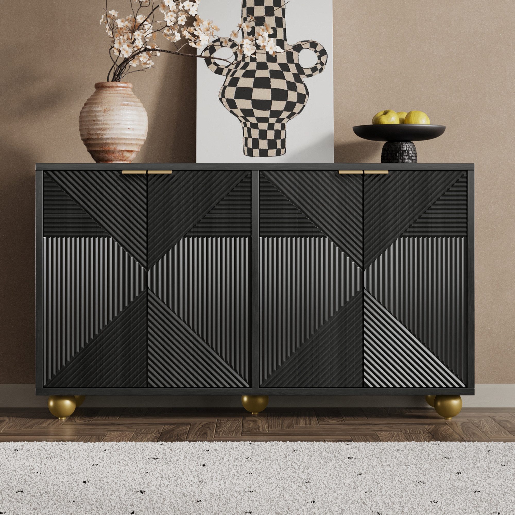 Celya Sideboard mit vier Türen und verstellbaren Innenböden (Metallgriffen und kugelförmigen Beinen), Viel Stauraum, Besonderer Licht- und Schatteneffekt
