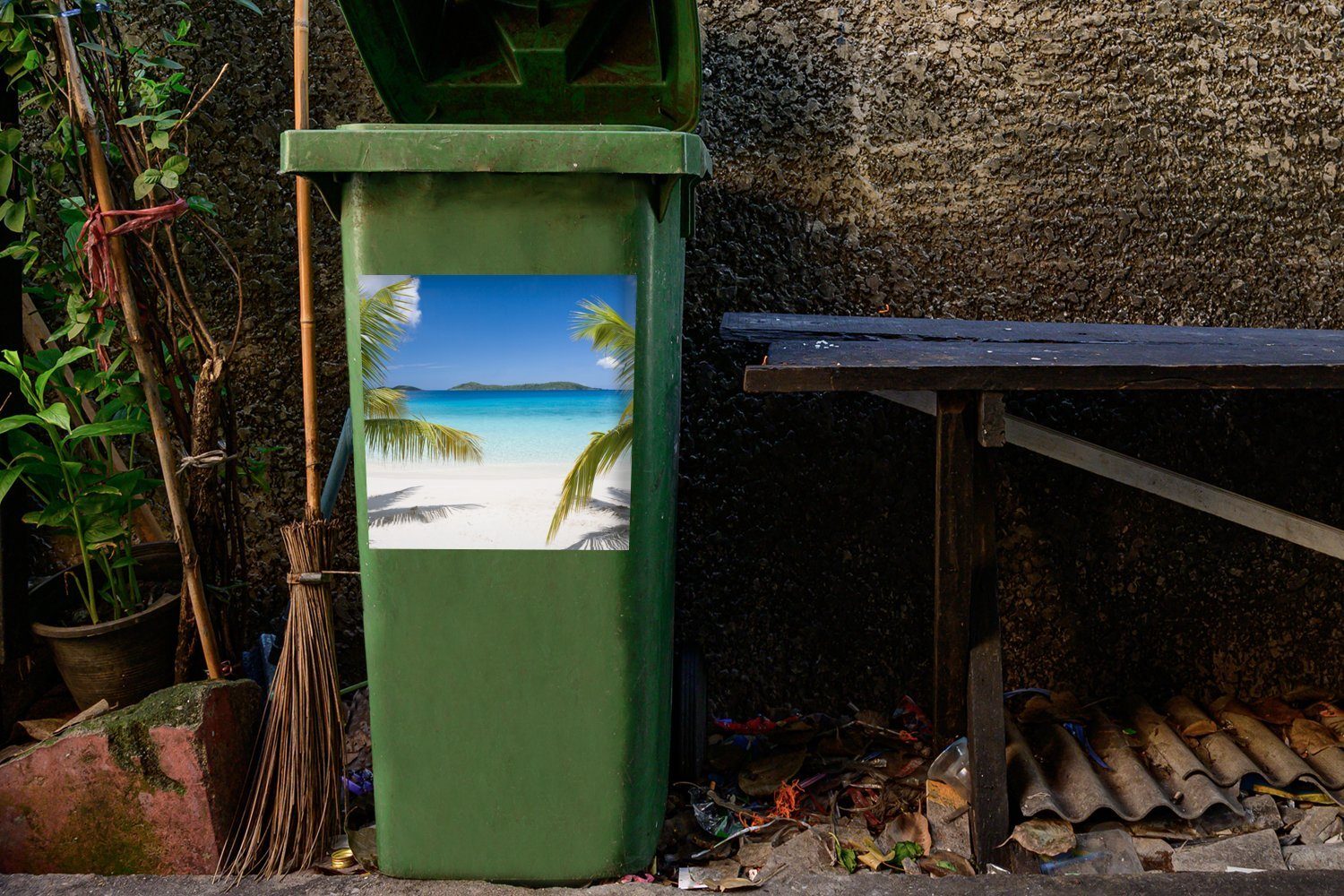 MuchoWow (1 Mülleimer-aufkleber, am Sticker, Palmen Wandsticker Strand Abfalbehälter Tropische Container, St), Mülltonne,