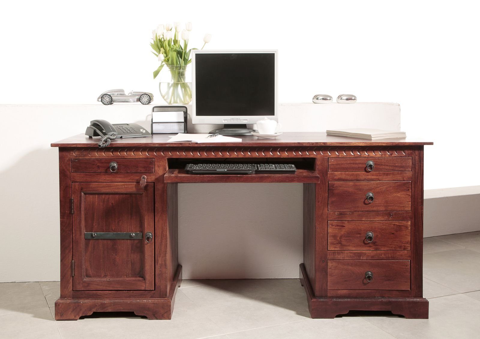 Massivmoebel24 Schreibtisch Schreibtisch Akazie 158x54x76 nougat günstig online kaufen