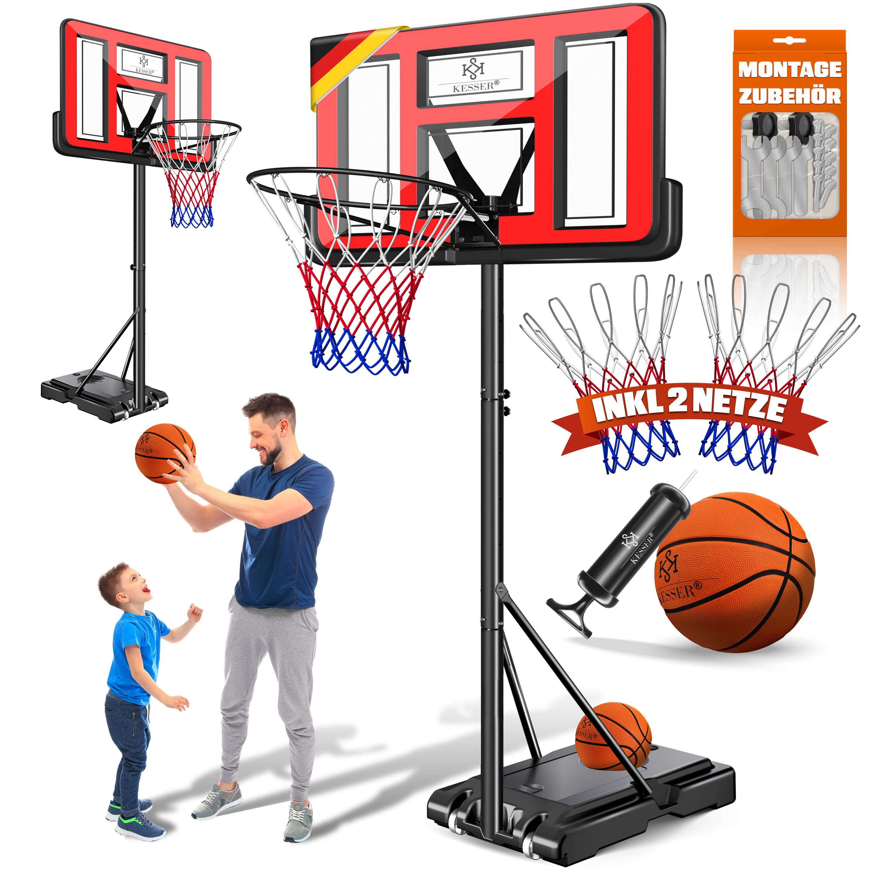 KESSER Basketballkorb 160-210cm Basketballständer Set mit Basketball, Pumpe & 2 Ersatznetzen, In- & Outdoor Basketballanlage mit Rollen für Kinder & Erwachsene