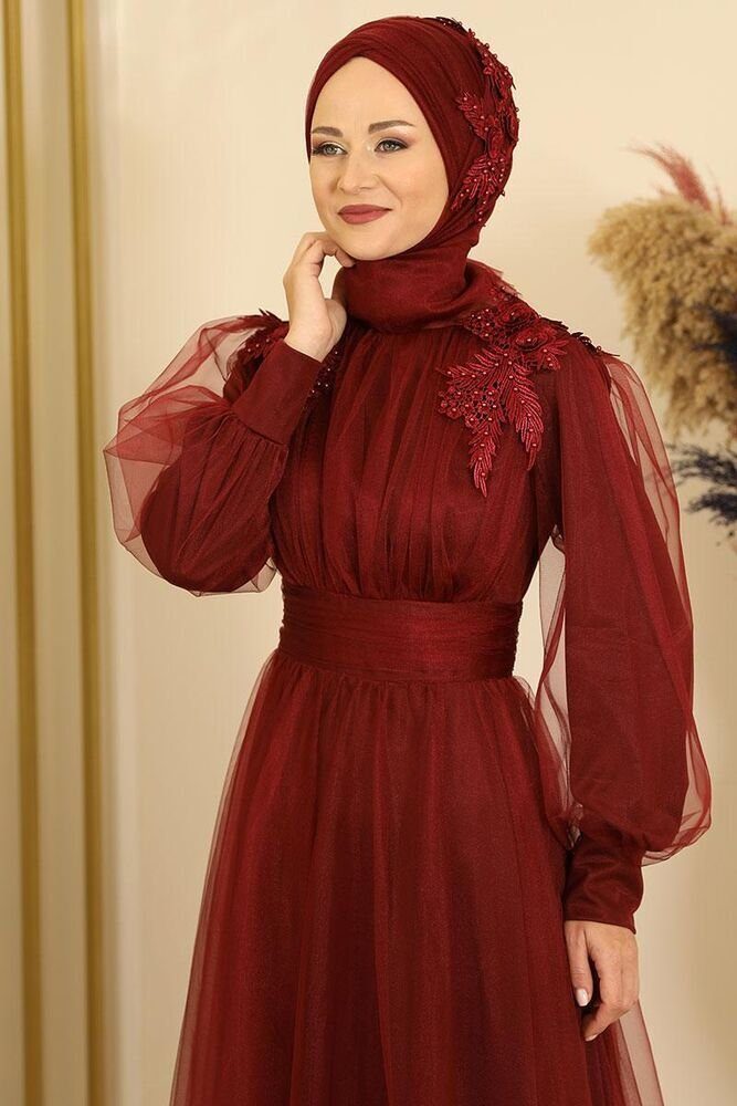 fashionshowcase Tüllkleid Abendkleid mit Blumen Guipure-Details Abiye Abaya - Modest Fashion Maxilänge für besondere Anlässe