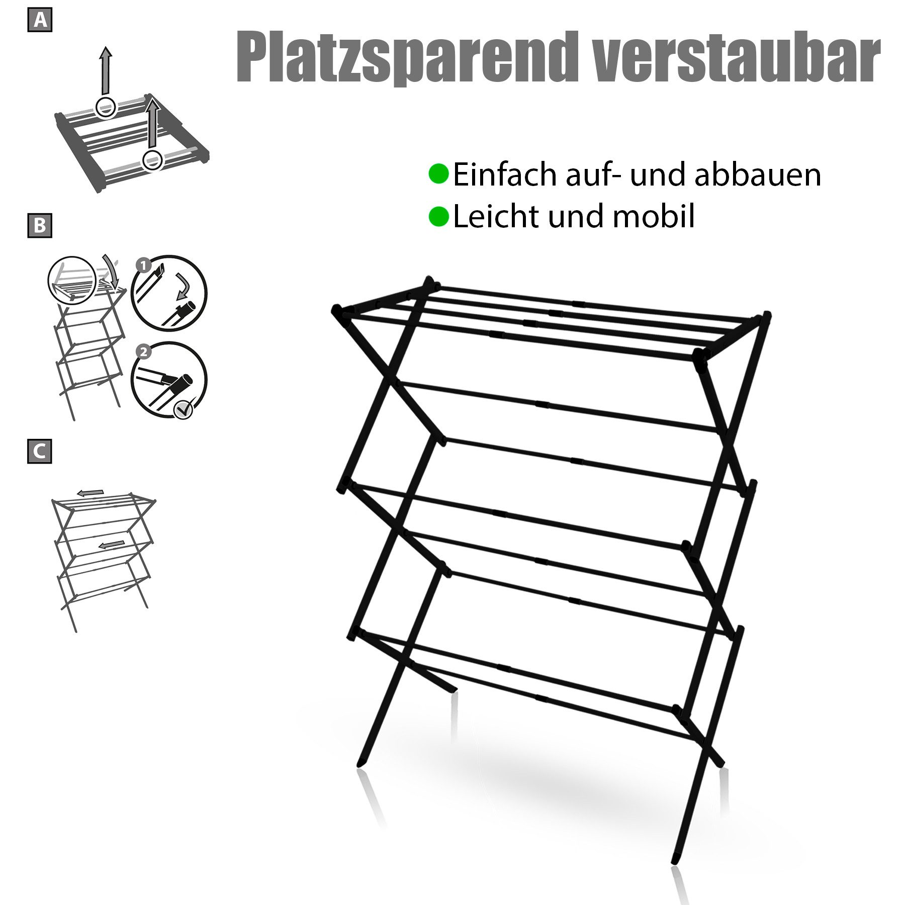 BigDean Wäscheständer Standtrockner platzsparend Schwarz – Wäscheturm mit Teleskopfunktion, Flexibel Aufstellbar, Platzsparend, Stabil – Bild 5 von 5