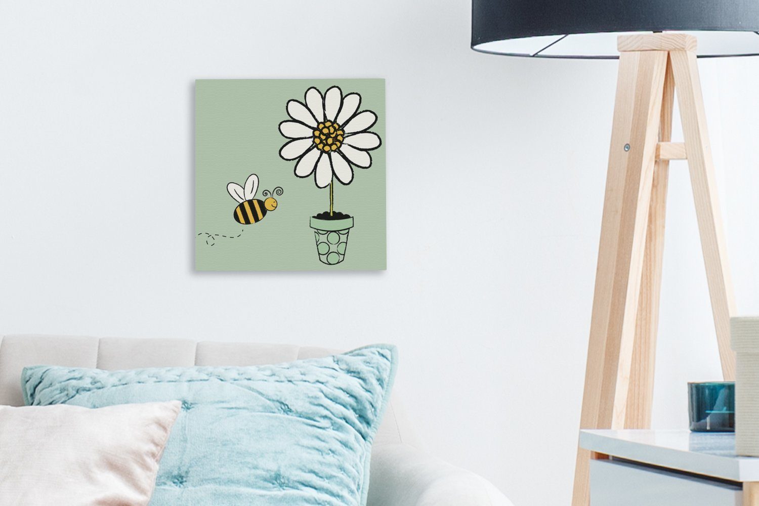 Schlafzimmer weiße Bilder Biene, Illustration einer die (1 eine für zufliegt, Leinwandbild Blume Leinwand St), auf OneMillionCanvasses® Wohnzimmer