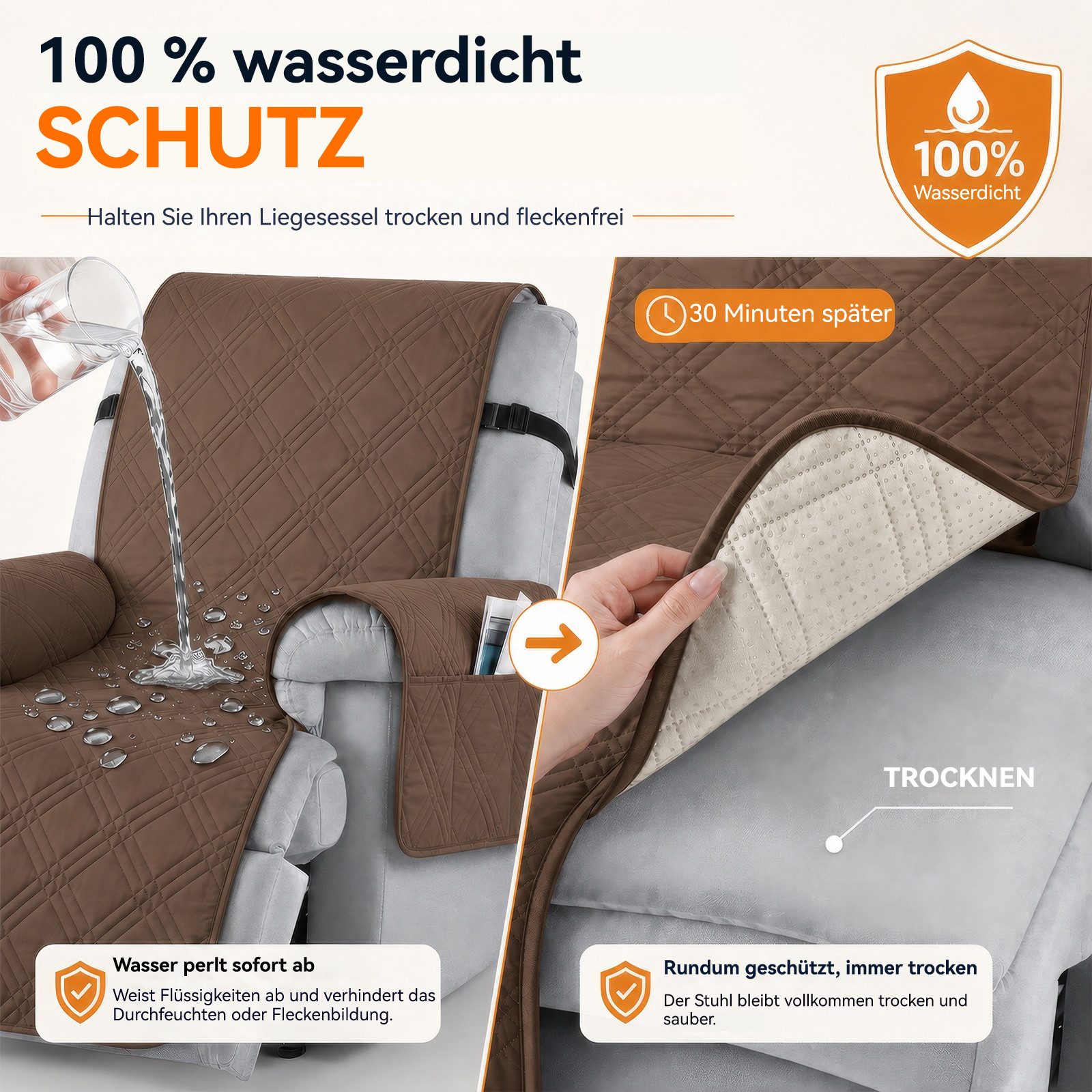 BlingBin Sesselschoner Sessel Überzug Rutschfest,Sesselbezug Fernsehsessel mit Taschen, 100% Wasserdicht, für Relaxsessel 1 Sitzer, Maschinenwaschbar – Bild 4 von 5
