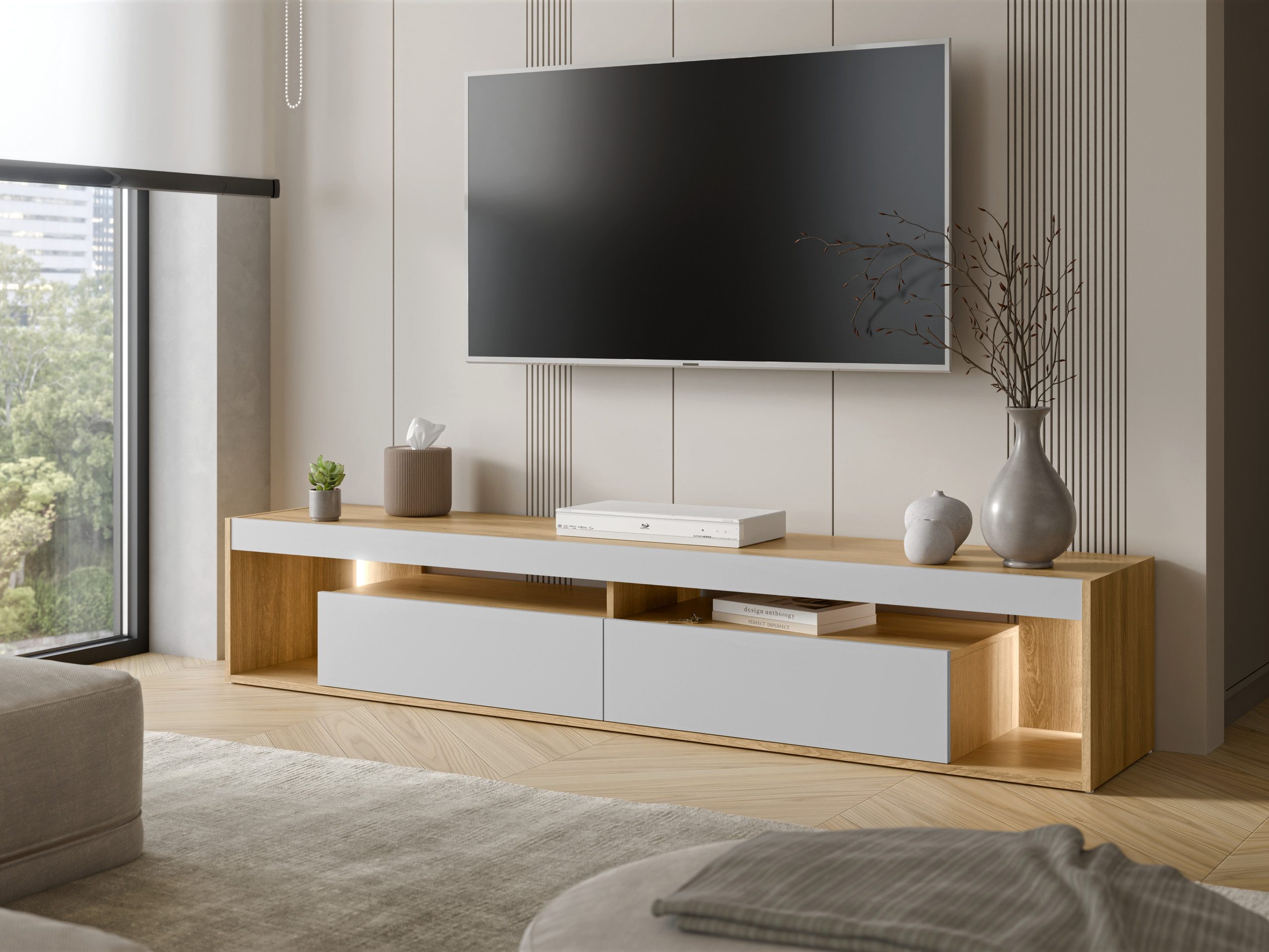 MIRJAN24 TV-Schrank Fiore 200 2D (mit zwei Klappen) 200x39x38 cm, Warmweißer LED-Beleuchtung