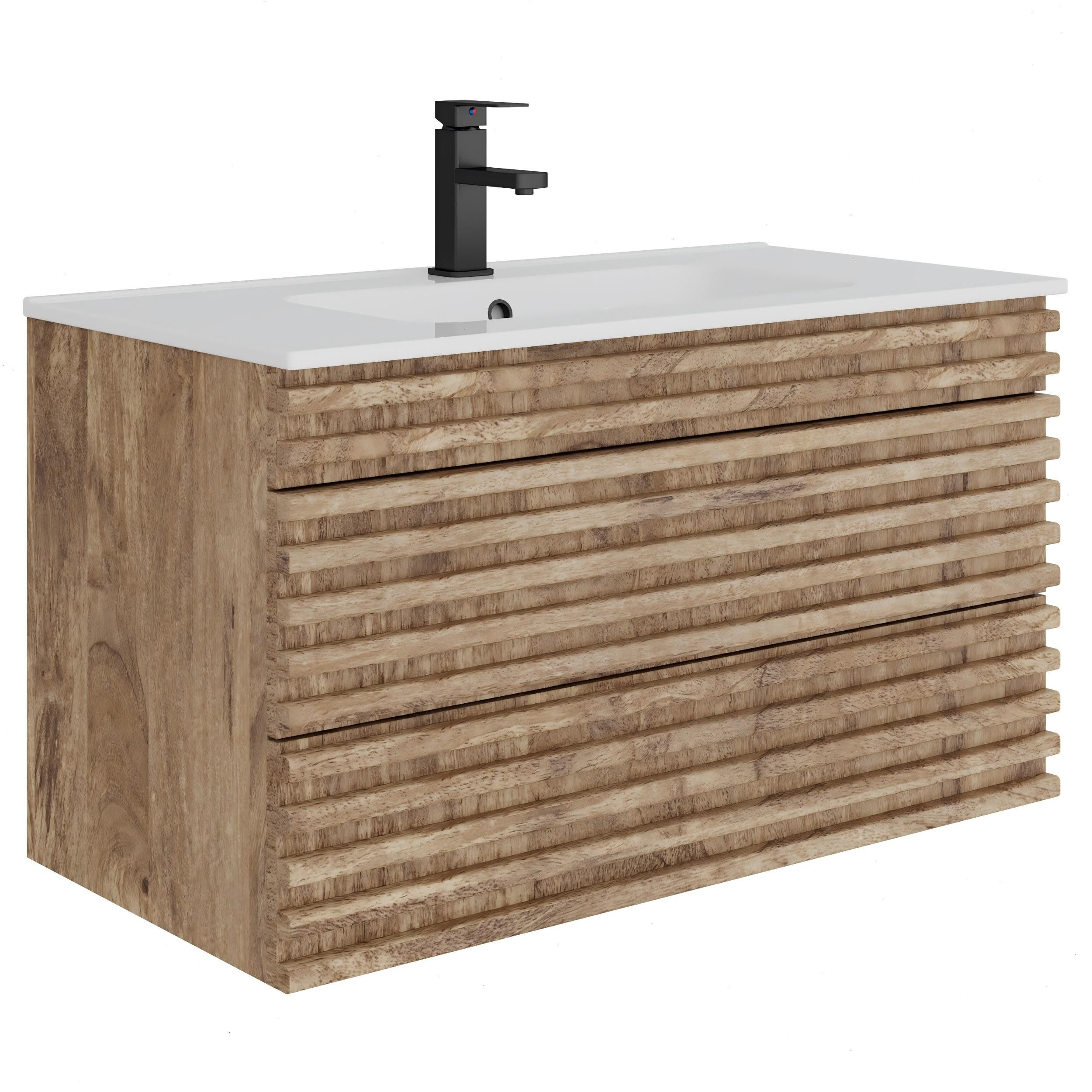 UEV Waschtisch mit Unterschrank, natur, 60cm/75cm/90cm hängend, Badezimmerschrank (Waschtischunterschrank, Badmöbel für Gäste WC, Natur, mit Wasserhahn und Pop-up-Ablassventil), Soft-Close-System, Unterschranke fürs Bad,Waschplatz