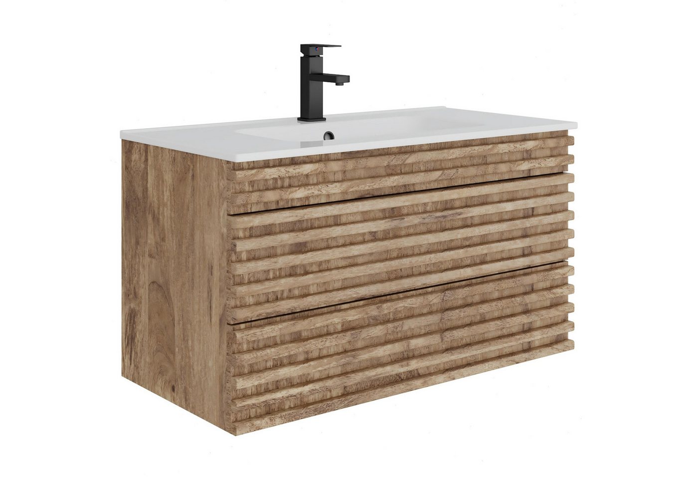 UEV Waschtisch mit Unterschrank, natur, 60cm/75cm/90cm hängend, Badezimmerschrank (Waschtischunterschrank, Badmöbel für Gäste WC, Natur, mit Wasserhahn und Pop-up-Ablassventil), Soft-Close-System, Unterschranke fürs Bad,Waschplatz