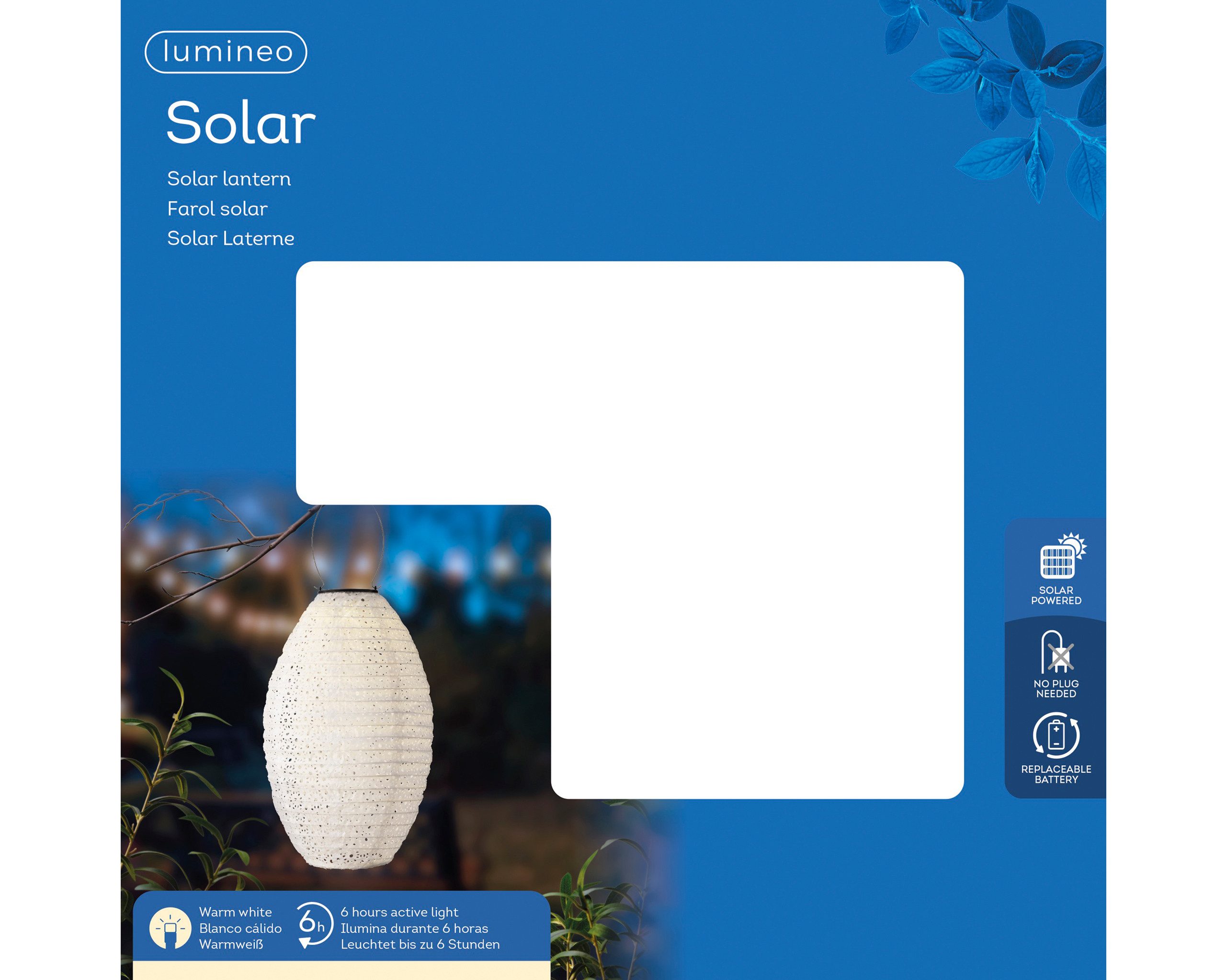 Lumineo LED Laterne, Dauerlicht, warmweiß, Solar LED Laterne 23x38cm Nylon Ornament Perforation Weiß / Warmweiß