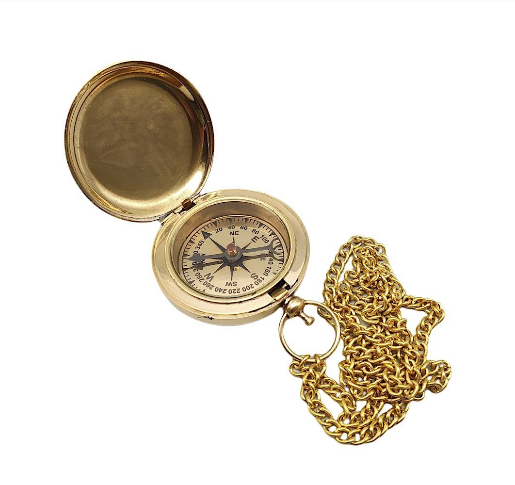 poliertem Nadelkompass Dekoobjekt Messing Linoows Sprungdeckel Taschenuhren Uhrenkette, Nadelkompass, Kompass aus mit