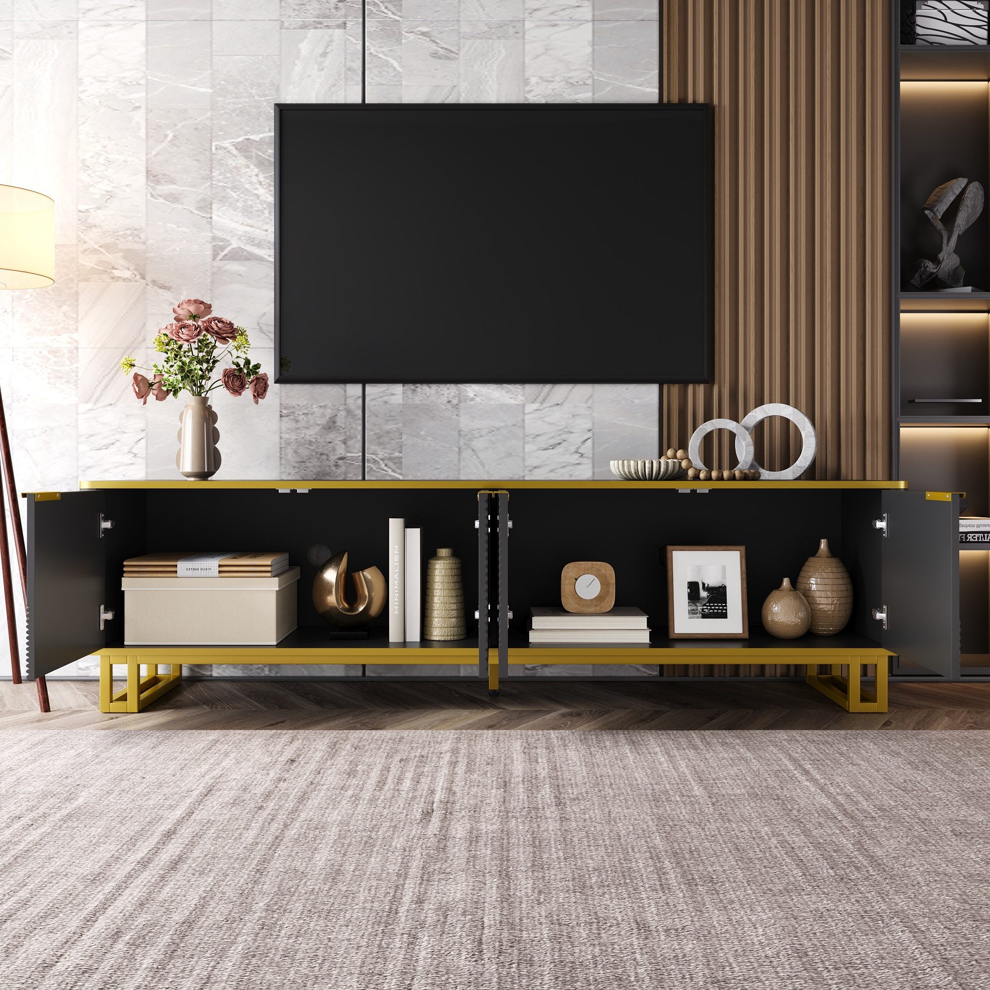 Merax Lowboard in Weiß und Gold, TV-Board mit vier Türen und Stauraum (1 St., 160 x 37,5 x 48 cm), TV-Schrank mit geometrischer 3D-Front, Kabelmanagement, Metallrahmen