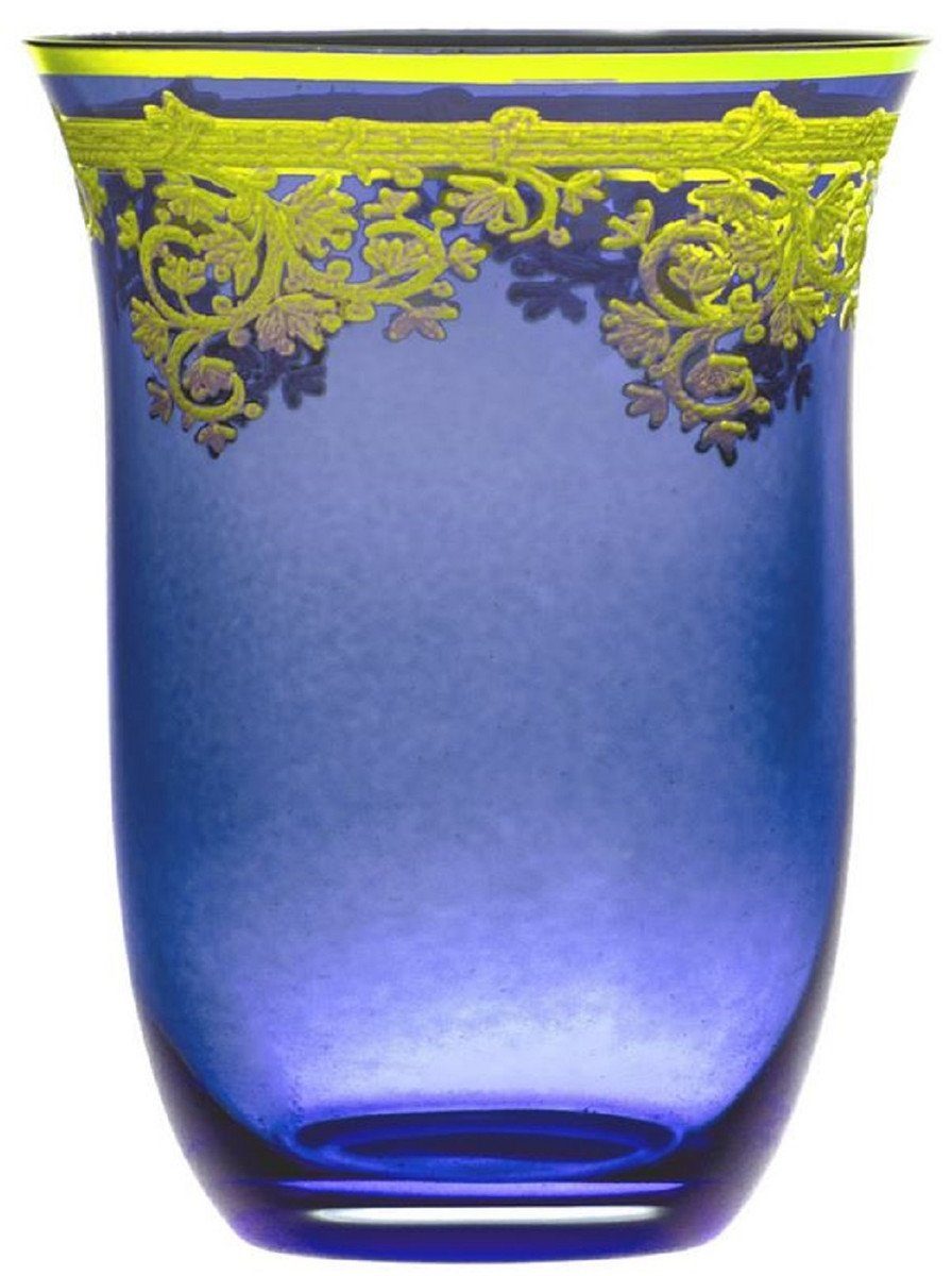 Casa Padrino Glas Luxus Barock Wasserglas 6er Set Blau / Gold Ø 9 x H. 12 cm - Handgefertigte und handbemalte Wassergläser - Biergläser - Weingläser - Hotel & Restaurant Accessoires - Luxus Qualität
