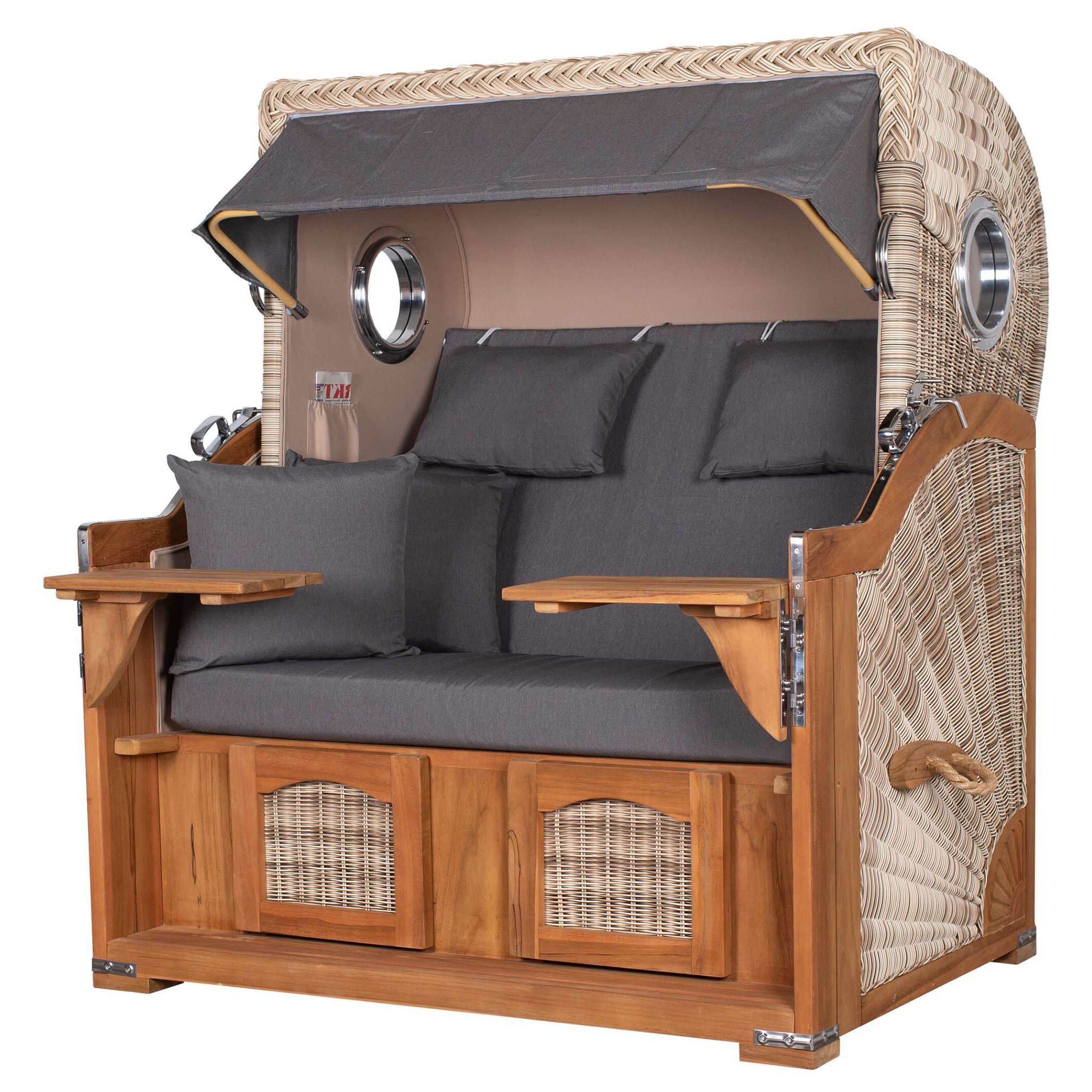 bene living Strandkorb Ammersee Grande XL 2,5-Sitzer Teak - PE shell - Modell 551, BxTxH: 142x95x165 cm, Volllieger, Ostsee-Strandkorb, (Strandkorb-Komplettset, 5-tlg., Strandkorb inkl. Liftersystem und umfangreichem Zubehör), mit Windschutzfolie, Bistrotischen und bequemer Polsterung