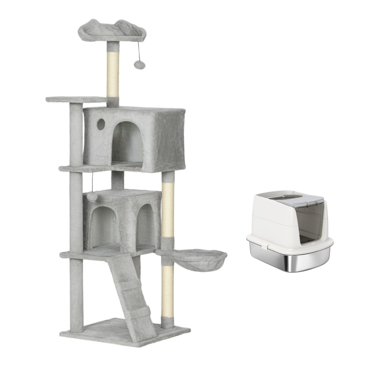 FELIXLEO Kratzbaum-Liegemulde Katzenkratzbaum 160 cm mit Höhlen und Edelstahl Katzentoilette