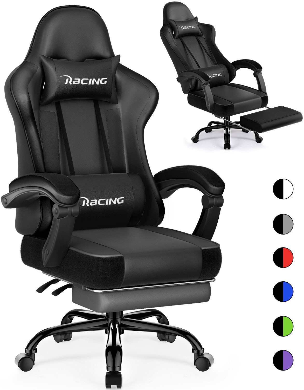 Hiazurm Gaming-Stuhl Gaming Stuhl Chair Gamer Sessel - Ergonomischer Gamer Stuhl (Tragkraft 150 Kg), Gamingstuhl mit Fußstütze Kopfstütze und Lordosenstütz PC Sessel