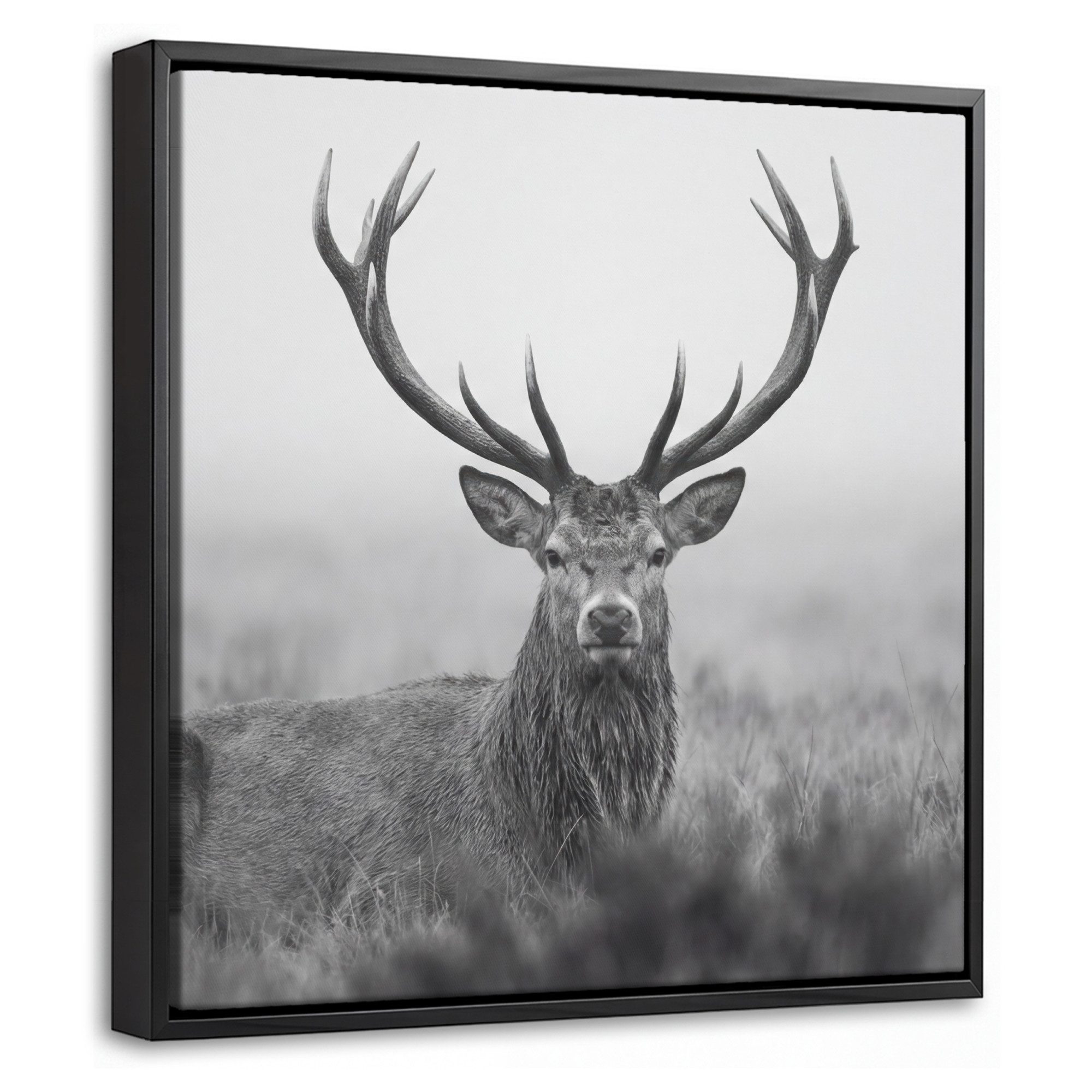 OneMillionCanvasses® Leinwandbild mit Rahmen - Hirsch - Neblig - Schwarz - Weiß, Fotodruck (1 St), Leinwand Bilder Klein, Wand Dekoration Aesthetic 20x20cm
