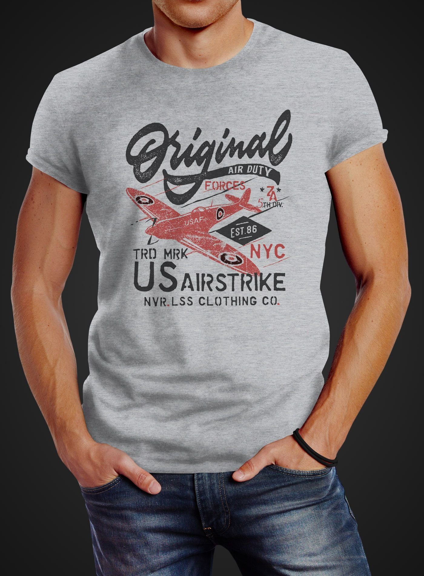 Vintage Flugzeug Motiv T-Shirt Print Airforce mit grau Army Herren Streetstyle Fashion Motiv Schriftzug Spitfire US Print-Shirt Neverless® Neverless Retro
