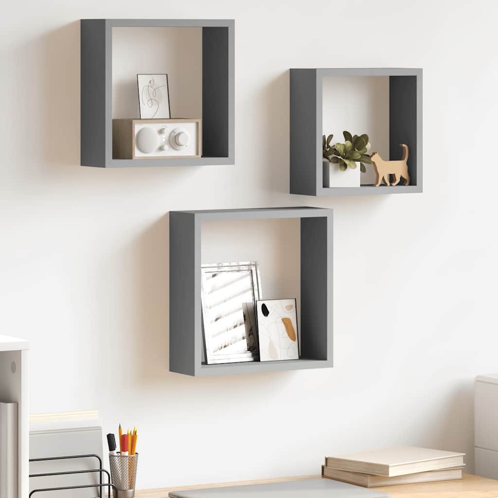furnicato Regalwürfel 3er Set schwebende graue MDF Würfelregale 30x10x30 cm, 27x10x27 cm, 2