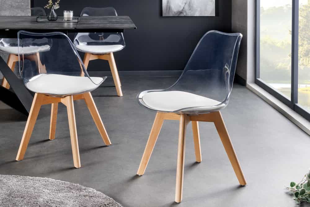 LebensWohnArt Stuhl 4er Set Design-Klassiker Stuhl NORWAY transparent weiss Buchenholz