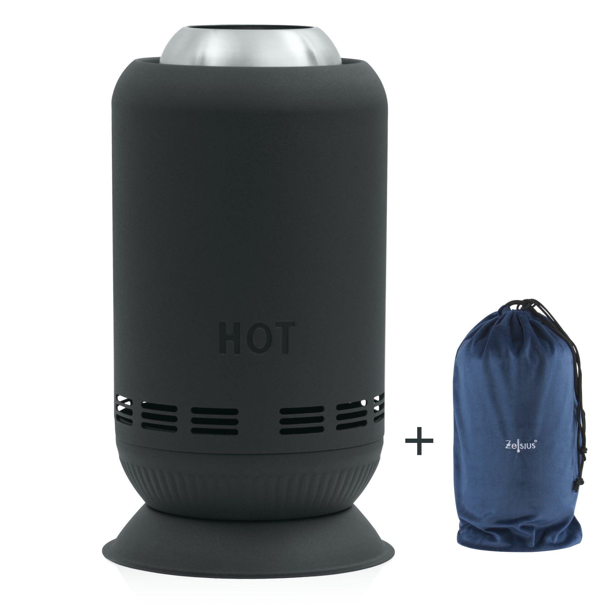 Zelsius Feuerschale Edelstahl Tischkamin rauchfrei, Schwarz, Pellet Feuersäule mit Tasche, Rauchfreier Betrieb