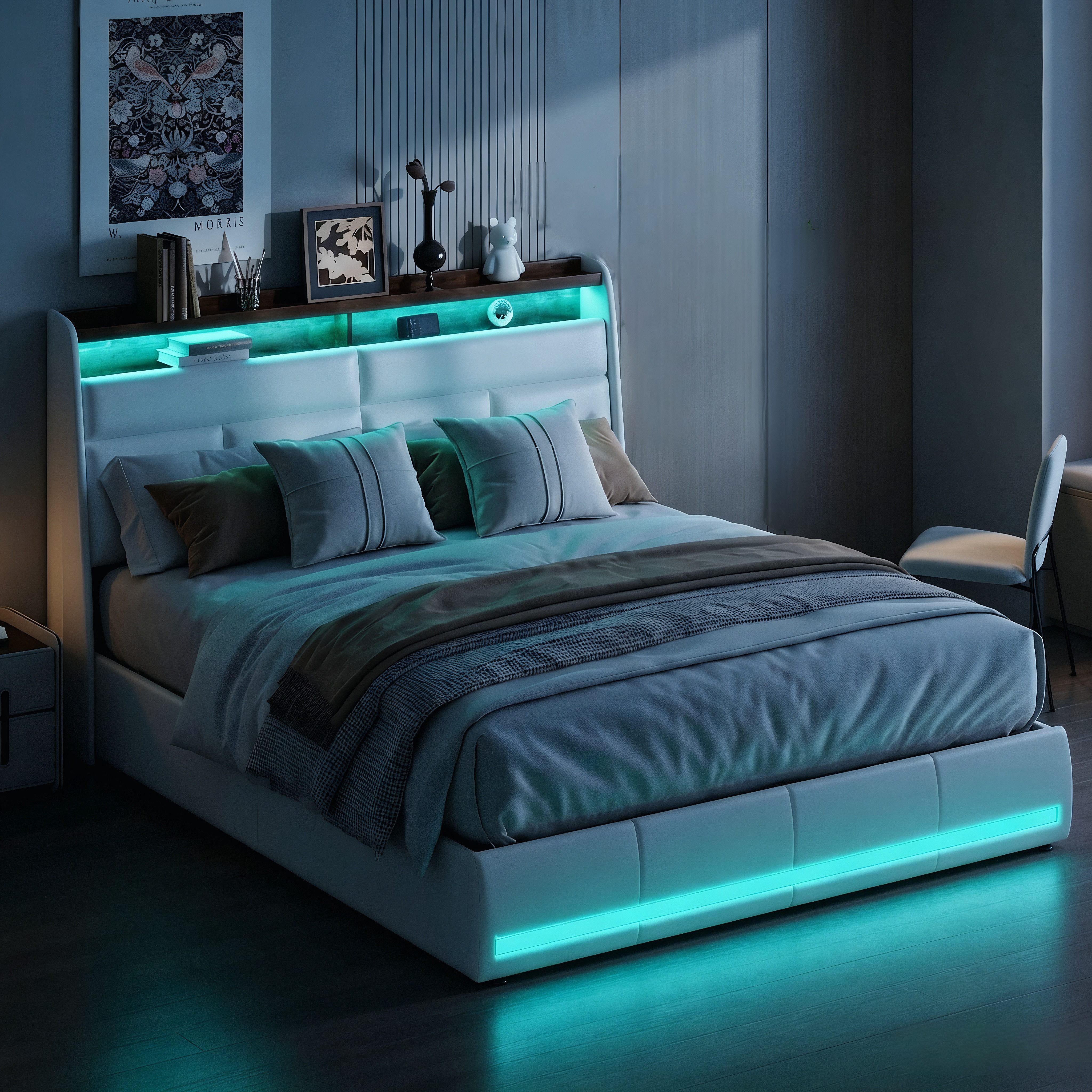 PXloue Stauraumbett Polsterbett Doppelbett, mit LED-Beleuchtung und verstecktem Stauraum,140x200 cm