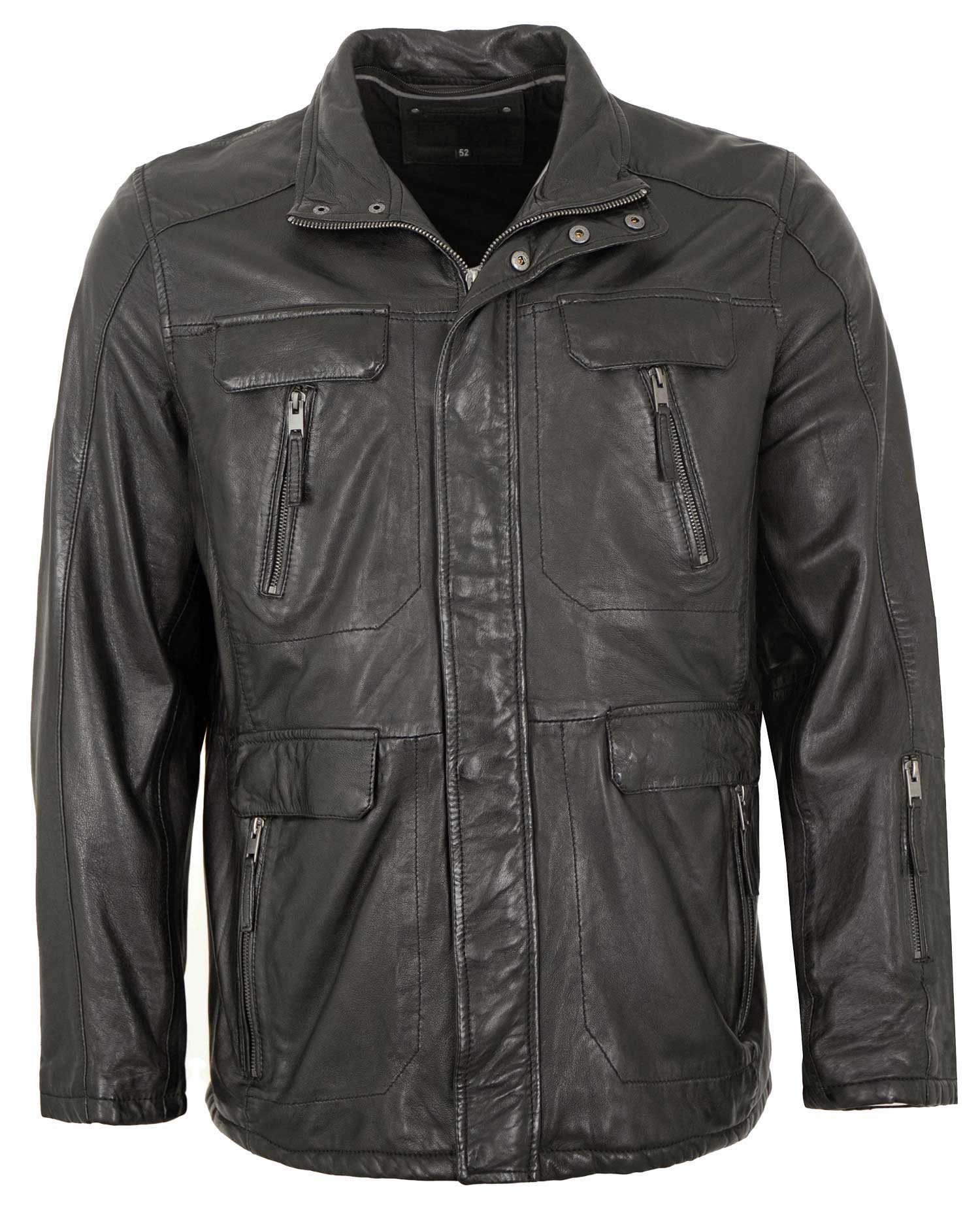Lederjacken24 Lederjacke Salmon-6 Herren Lederjacke Longjacke Lammnappa schwarz