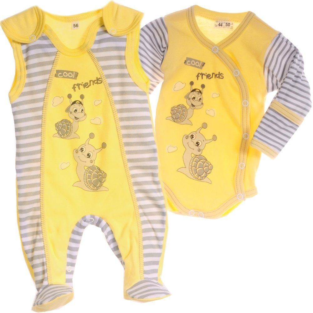 La Bortini Strampler Body und Strampler Baby Anzug 2Tlg. Wickelbody in Gelb mit Schnecke aus reiner Baumwolle, 44-50 56 62 68 74 80