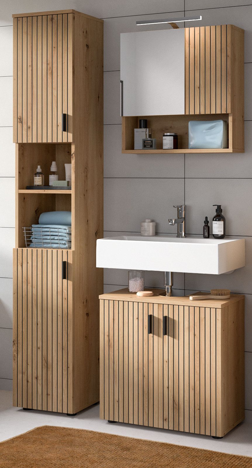 Inn.Furn Badmöbel-Set Livia, (Badezimmer in Eiche Artisan, 3-teilig, 105 x 192 cm), mit moderner Leistenoptik