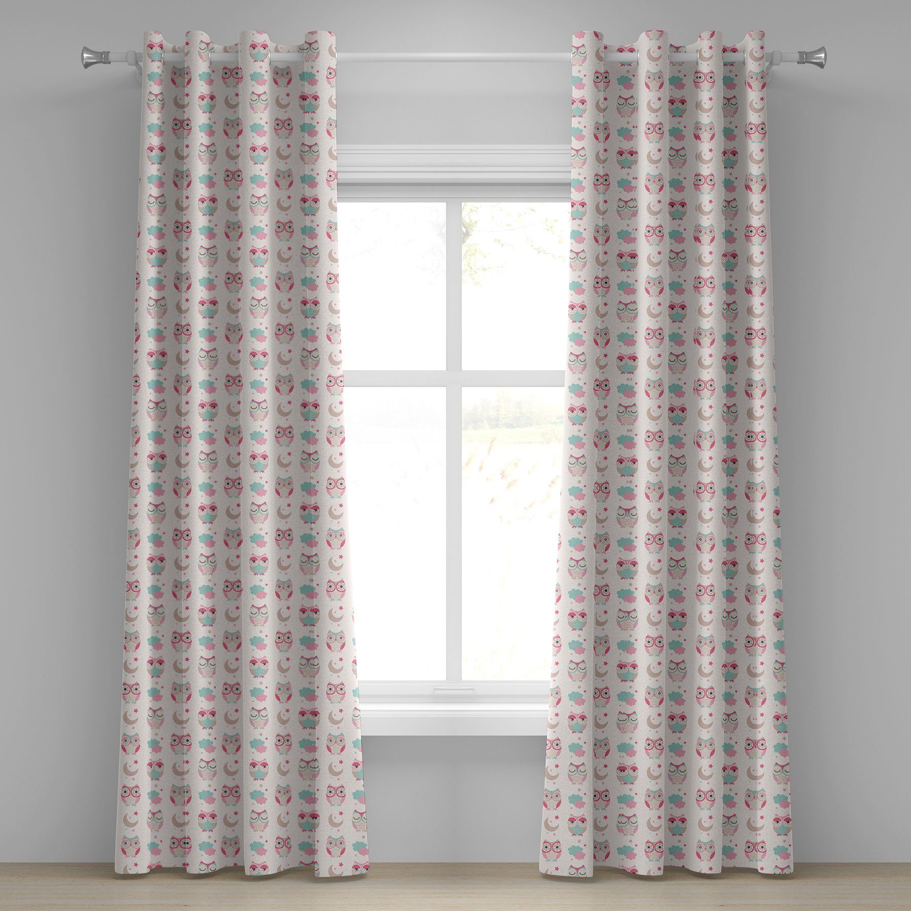 Gardine Dekorative 2-Panel-Fenstervorhänge für Schlafzimmer Wohnzimmer, Abakuhaus, Baby Nachtzeit-Eulen-Mond-Spaß | Fertiggardinen