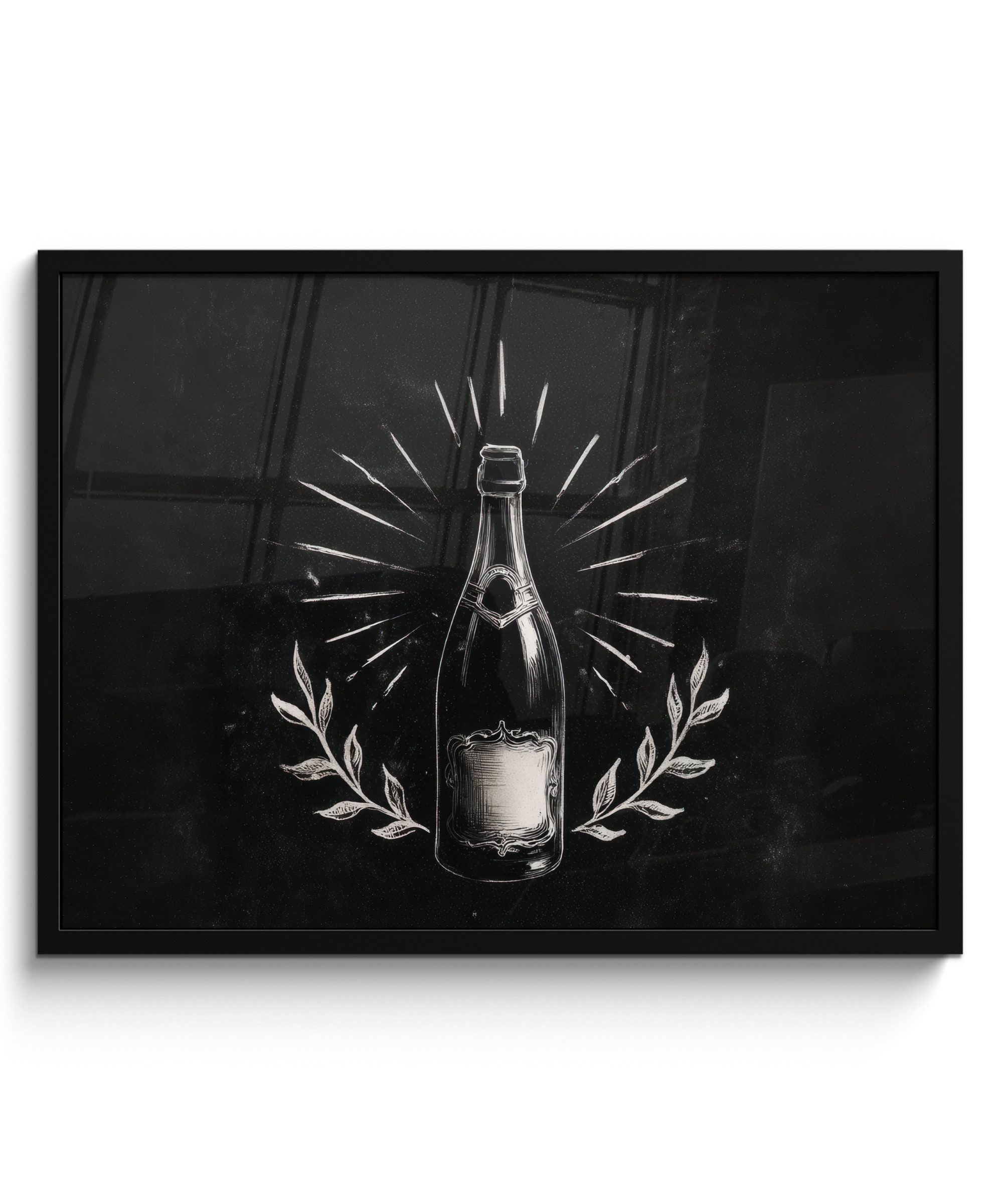 Poster Champagnerflasche - Lorbeerzweige - Schwarzer Hintergrund