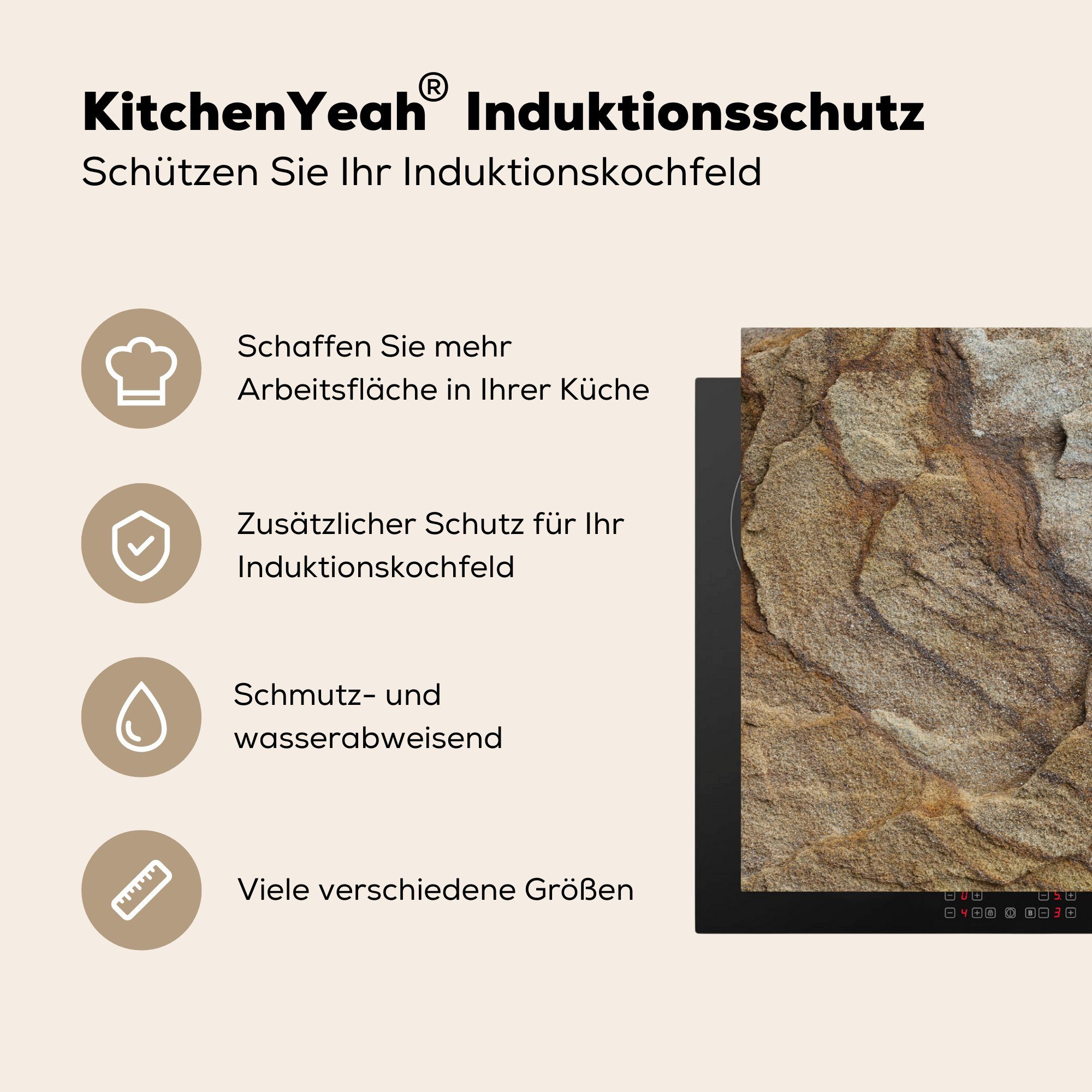 MuchoWow Herdblende-/Abdeckplatte Gesteinsstruktur von Schutz Ceranfeldabdeckung für küche, cm, 81x52 Vinyl, tlg), Induktionskochfeld Sandstein, (1 die