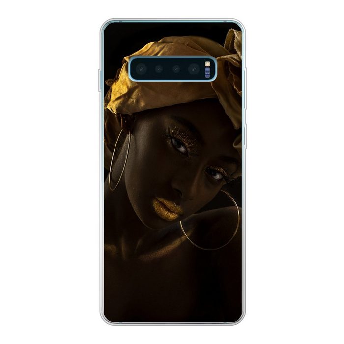 MuchoWow Handyhülle Frauen - Kopftuch - Gold - Luxus Phone Case Handyhülle Samsung Galaxy S10+ Silikon Schutzhülle