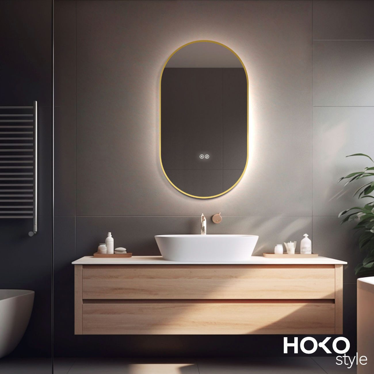 HOKO Badspiegel mit beleuchtung+Antifog, Oval Schwarz günstig online kaufen