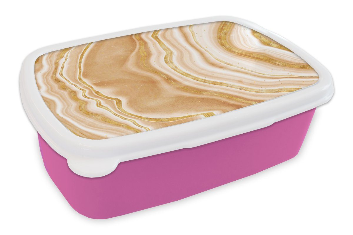 MuchoWow Lunchbox Achat Stein - Gold - Edelsteine - Luxus, Kunststoff, (2-tlg), Brotbox für Erwachsene, Brotdose Kinder, Snackbox, Mädchen, Kunststoff rosa
