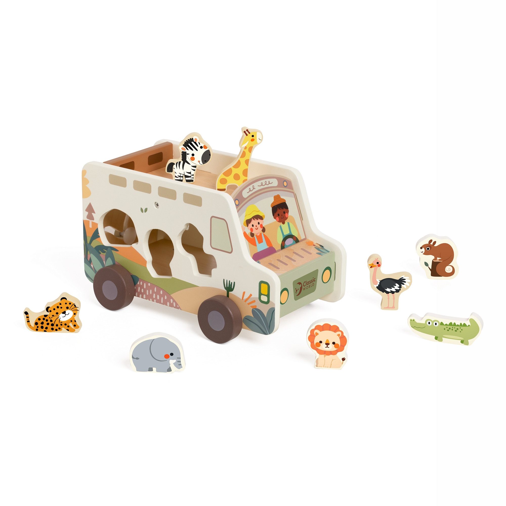 Classic World Steckspielzeug Classic World - Steckspiellaster Safari - 25,9x15,6x15,6cm +18M, Aus Holz.
