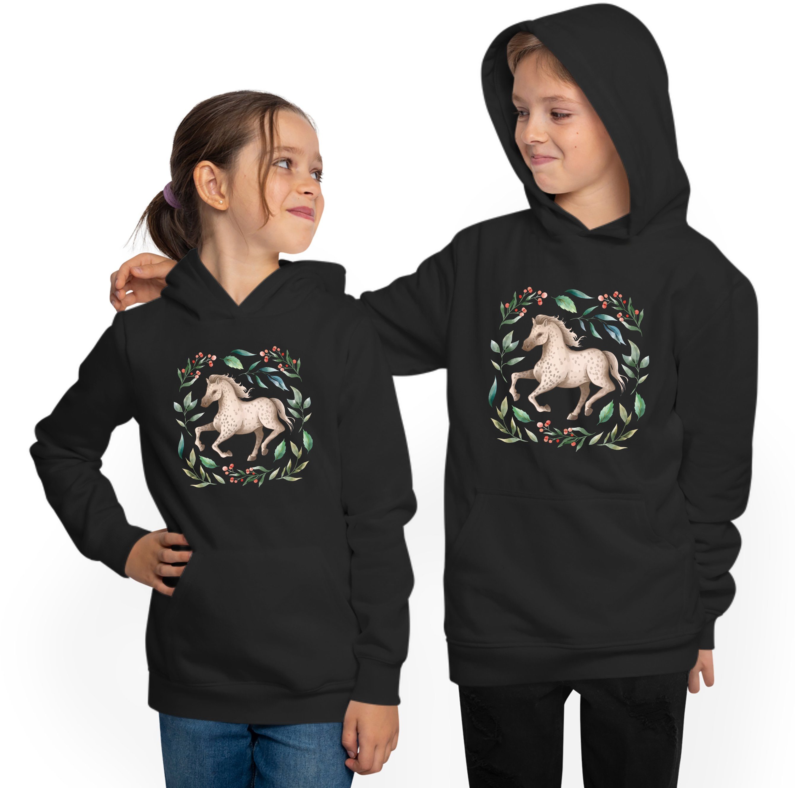 MyDesign24 Hoodie Kinder Kapuzen i161 im Laufendes Pferd Kapuzensweater mit Aufdruck, Sweatshirt Blumenkranz