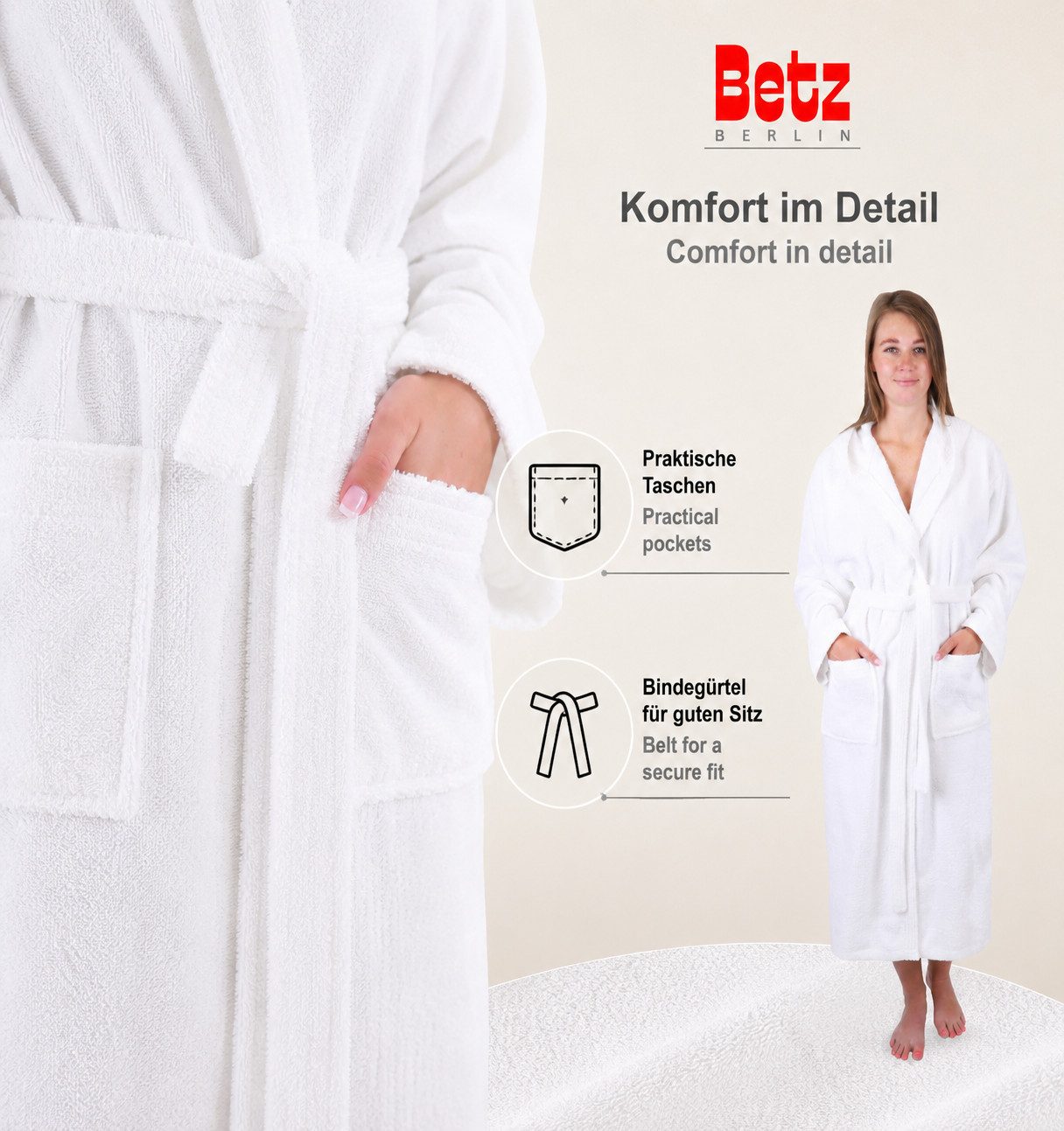 Betz Bademantel Saunamantel mit Kapuze BERLIN für Herren und Damen, Wadenlang, 100% Baumwolle, Kapuze, gürtel