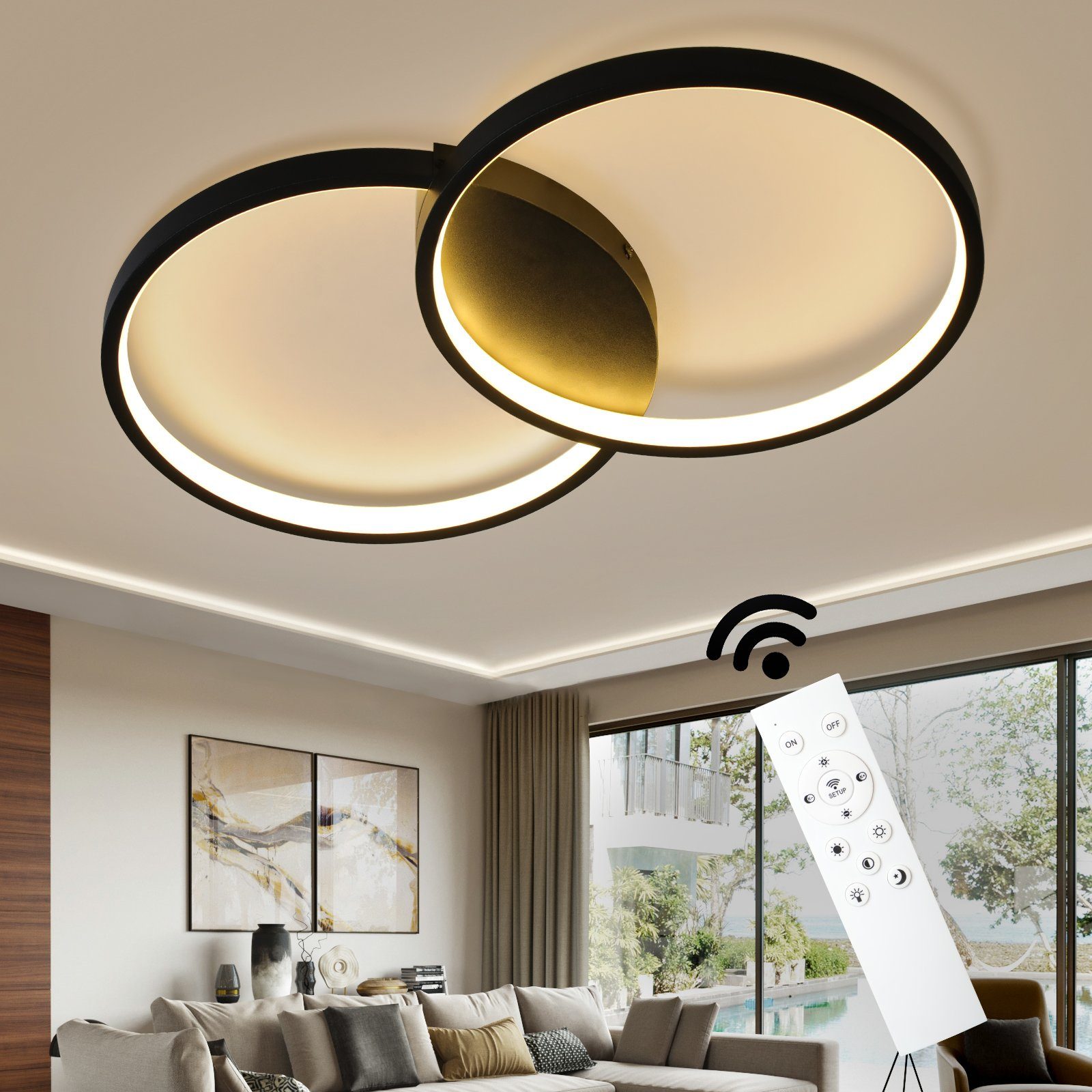 Nettlife LED Deckenleuchte Wohnzimmer Deckenlampe 45W Modern Schwarz Dimmbar  mit Fernbedienung, Dimmbar, LED fest integriert, Warmweiß, Neutralweiß,  Kaltweiß, für Schlafzimmer Kinderzimmer Wohnzimmer Küche Esszimmer