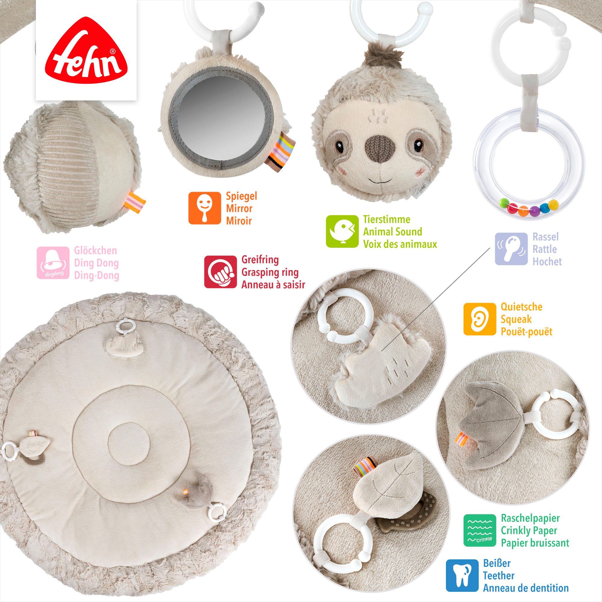 Fehn Spielbogen Lazy, Crazy & Pink, Faultier, 3-D-Activity-Decke, mit 5 abnehmbaren Spielzeugen