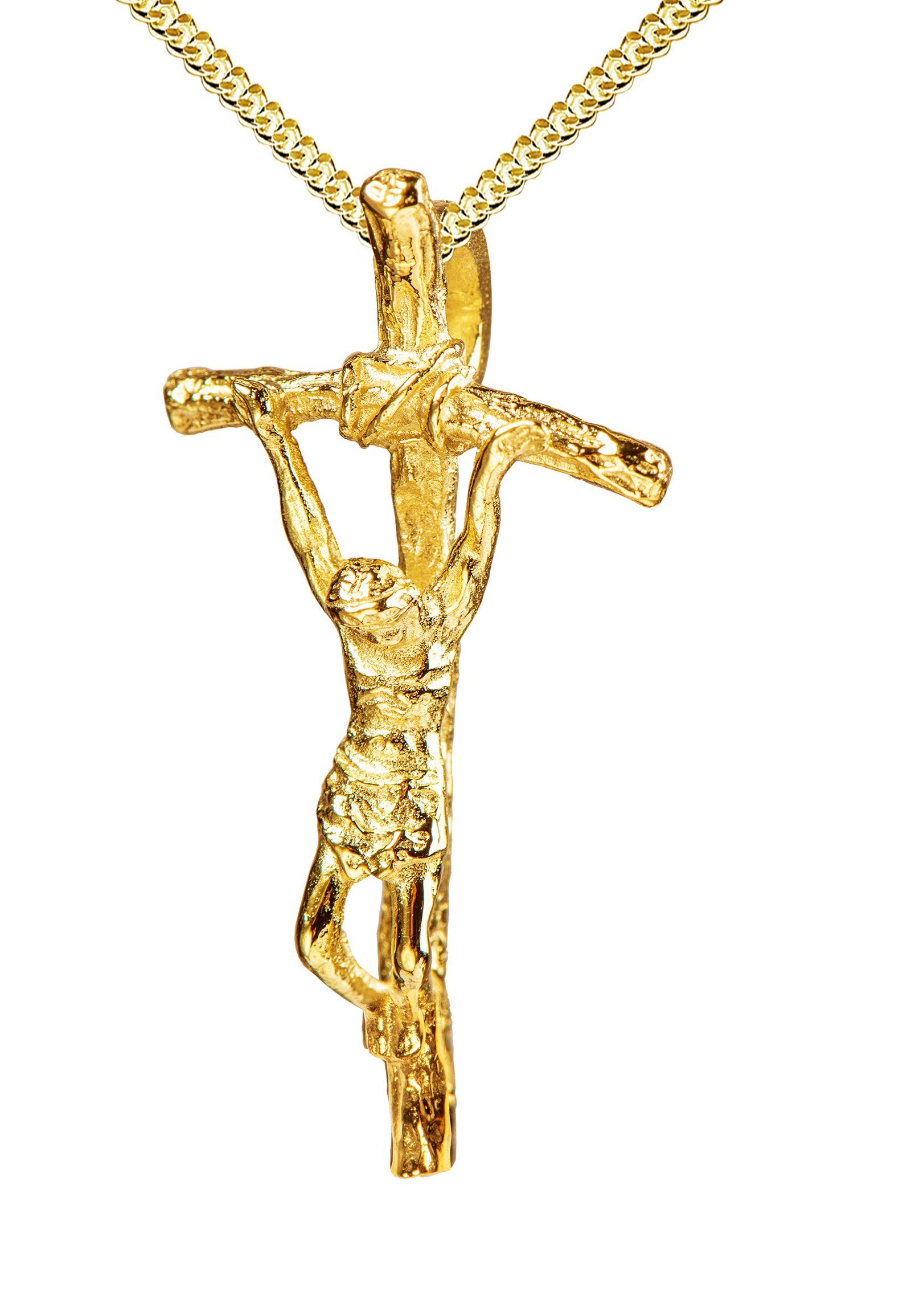 JEVELION Kreuzkette Kruzifix 925 Silber vergoldet - Made in Germany (Silberkreuz vergoldet, für Damen und Herren), Kreuzanhänger mit Panzer-Kette - Länge wählbar 36 - 70 cm.