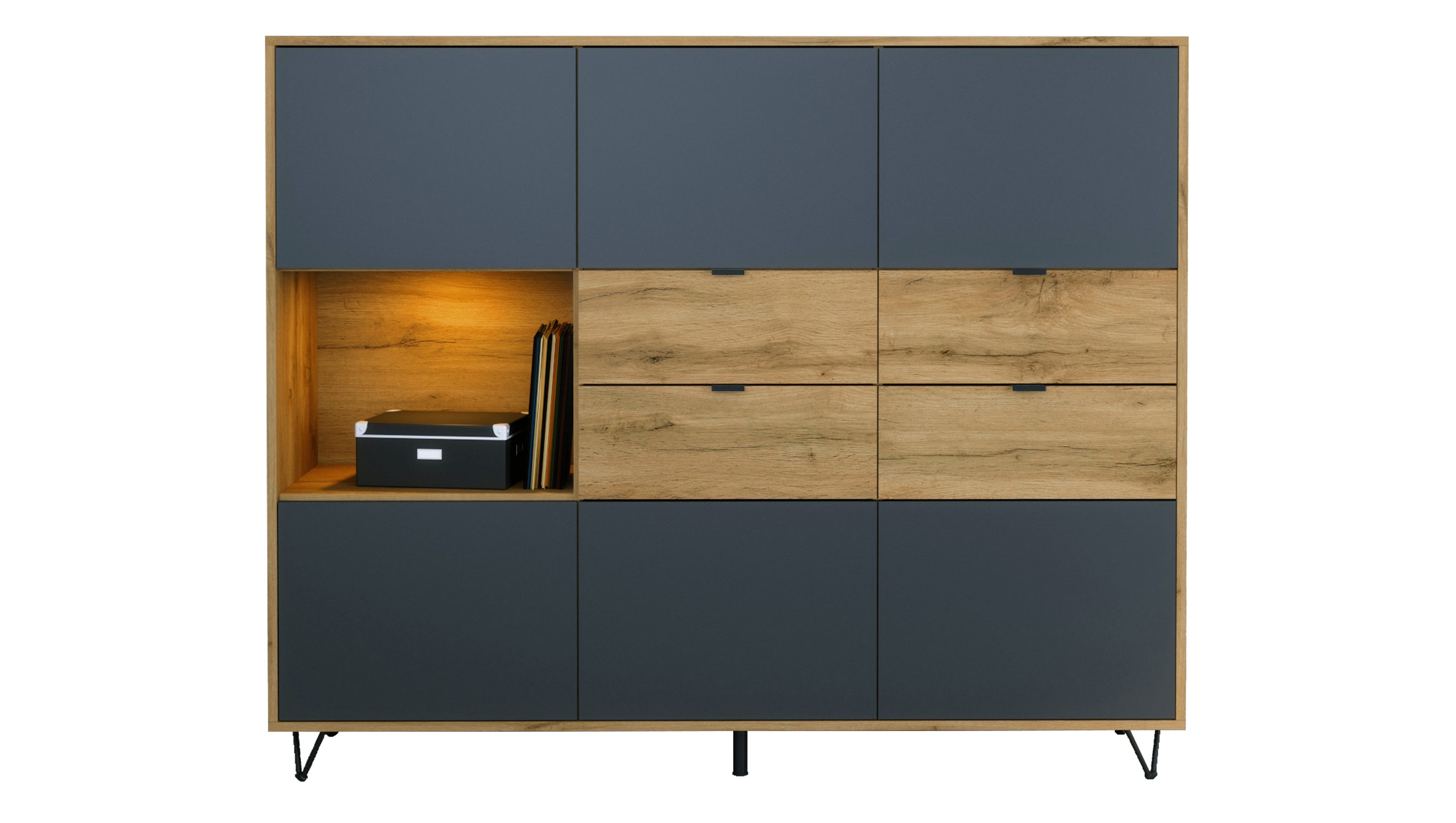 Vladon Highboard Marino (Highboard mit 6 Türen Anthrazit matt, 4 Schubladen Eiche Evoke, inkl. LED, Made in Germany), Korpus Eiche Evoke (152,5 x 125,5 x 37 cm)