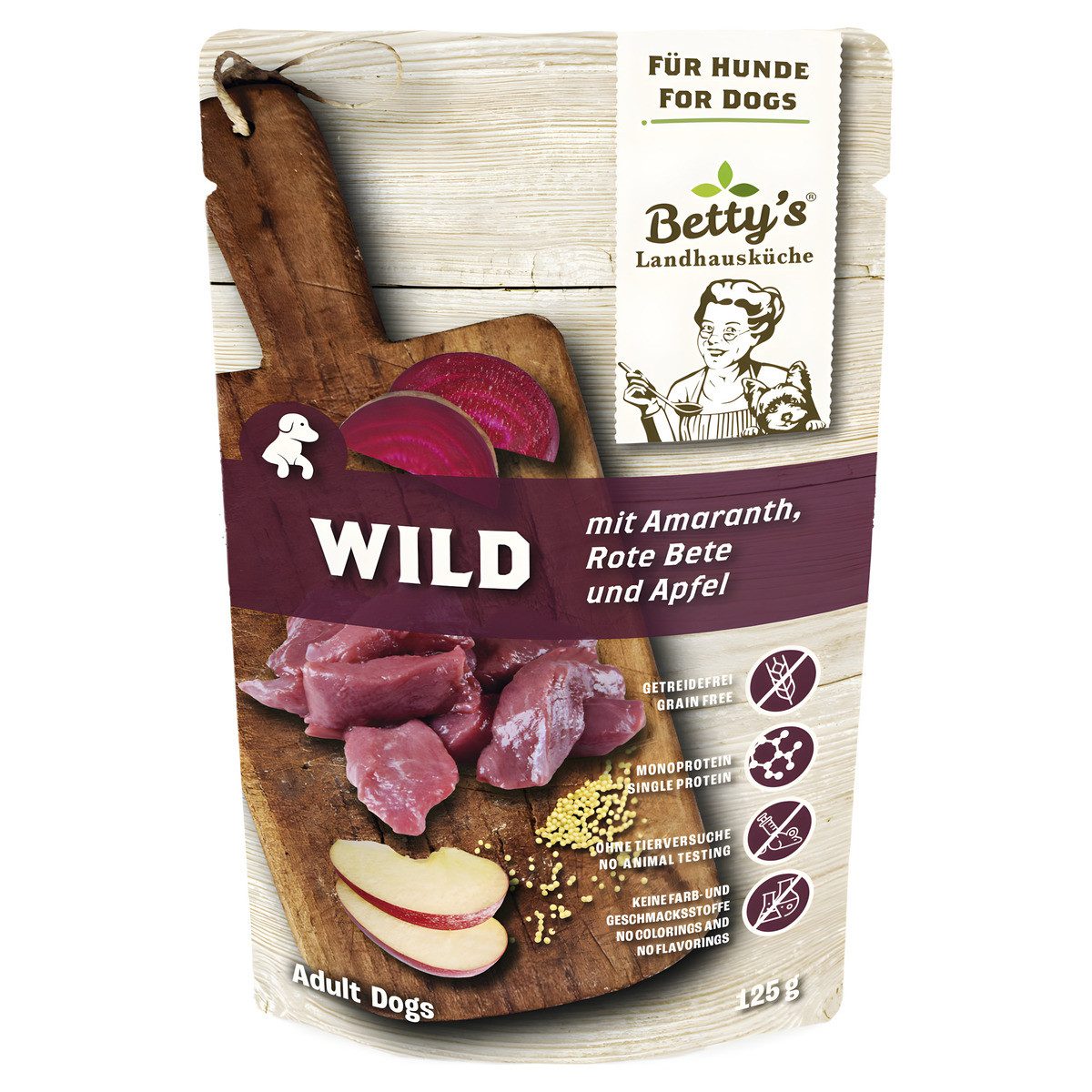Bettys Landhausküche Wild mit Amaranth, Rote Bete und Apfel 125 g - 10 Stück, Nassfutter für: Hund