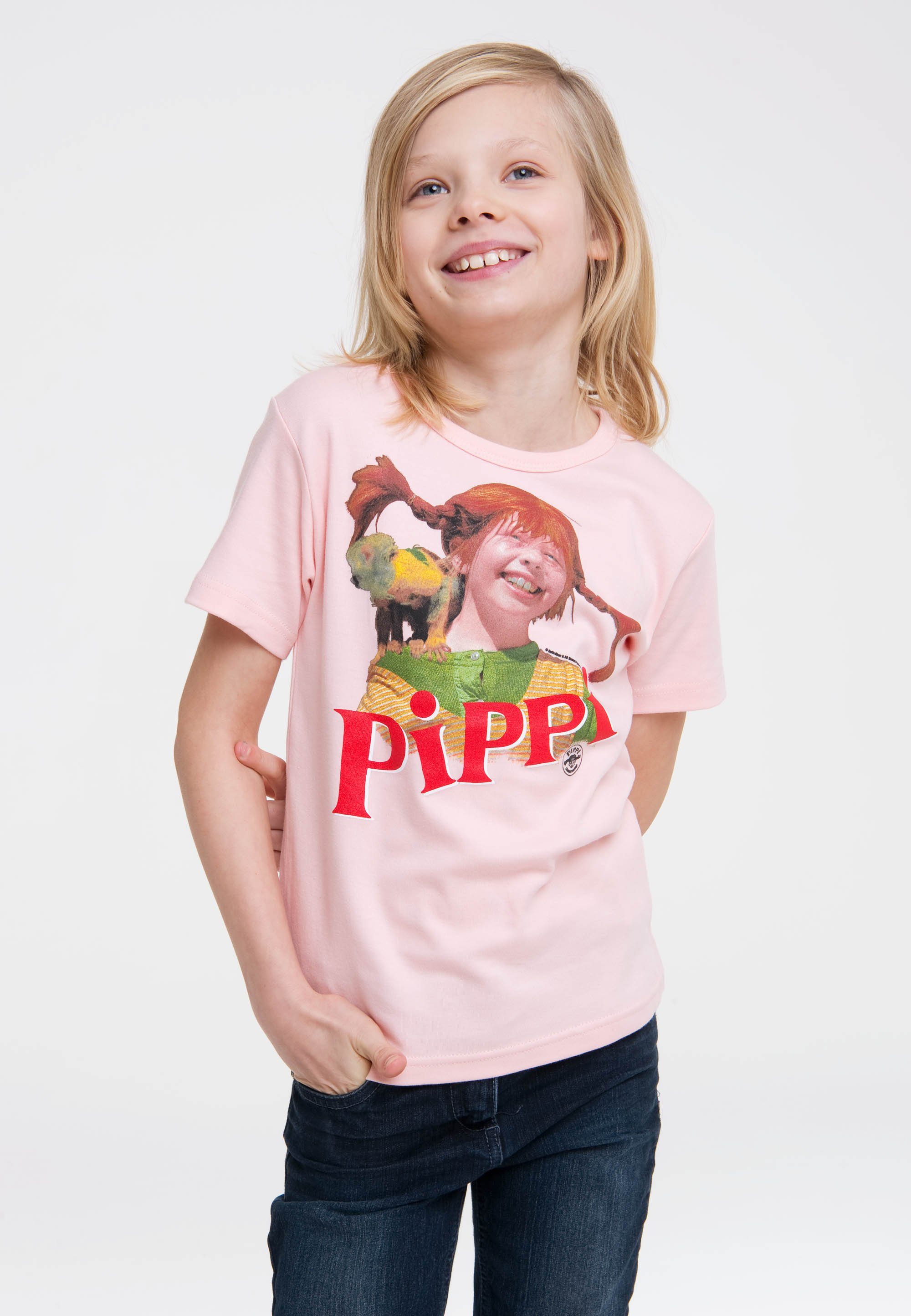 LOGOSHIRT T-Shirt Pippi Langstrumpf & Herr Nilsson mit Langstrumpf-Frontdruck rosa-rot | T-Shirts