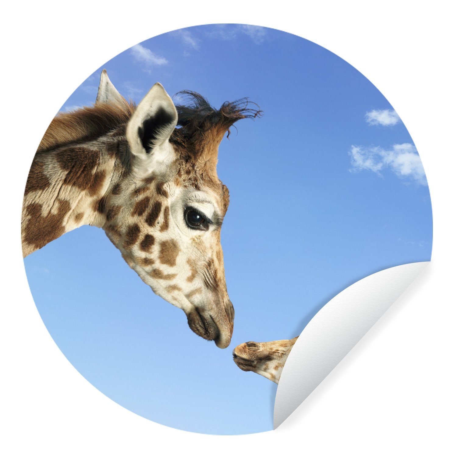 MuchoWow Wandsticker Bild einer Giraffe, die ihren Jungen in die Augen schaut (1 St), Tapetenkreis für Kinderzimmer, Tapetenaufkleber, Rund, Wohnzimmer