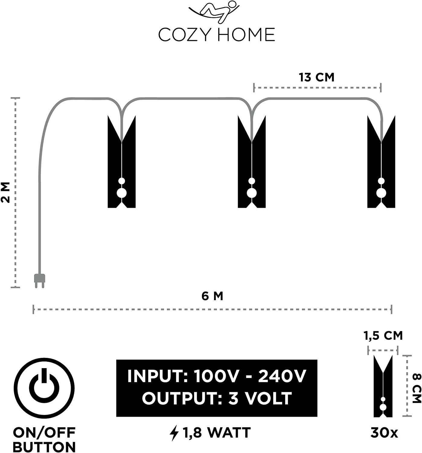 COZY HOME LED-Lichterkette Fotoclip Lichterkette - Batterie und Stecker, 30 Fotoclip LEDs I Timer-Funktion I 6 Meter I Warmweiße LED