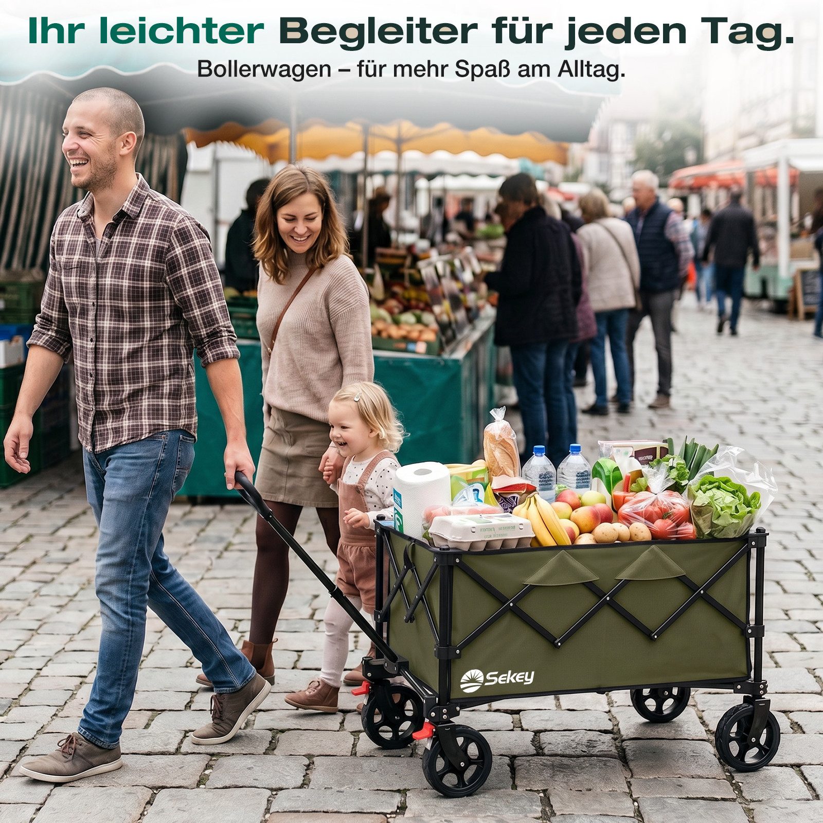 Sekey Bollerwagen Bollerwagen Faltbar Handwagen Belastbar bis 150kg Transportwagen, Zusammenfaltbar aus 4 Richtungen, mit verstellbarem Handgriff – Bild 4 von 5